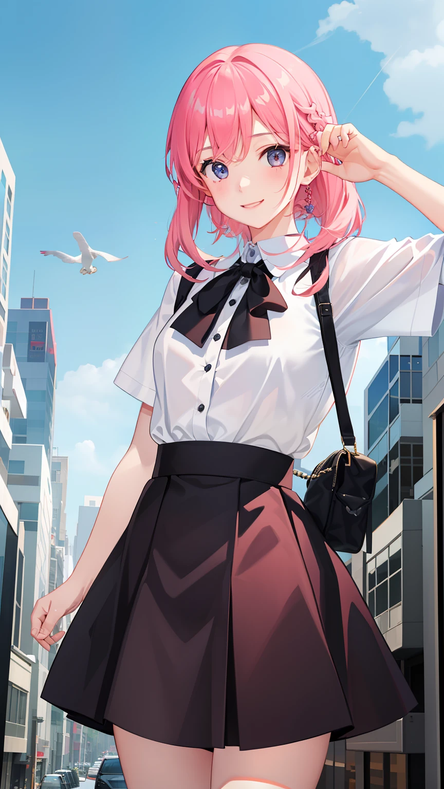 1girl in、imagem 4k、A smile、The shirt、Blouse、(paler)skirt by the、(small tits)Chilarism、movement、