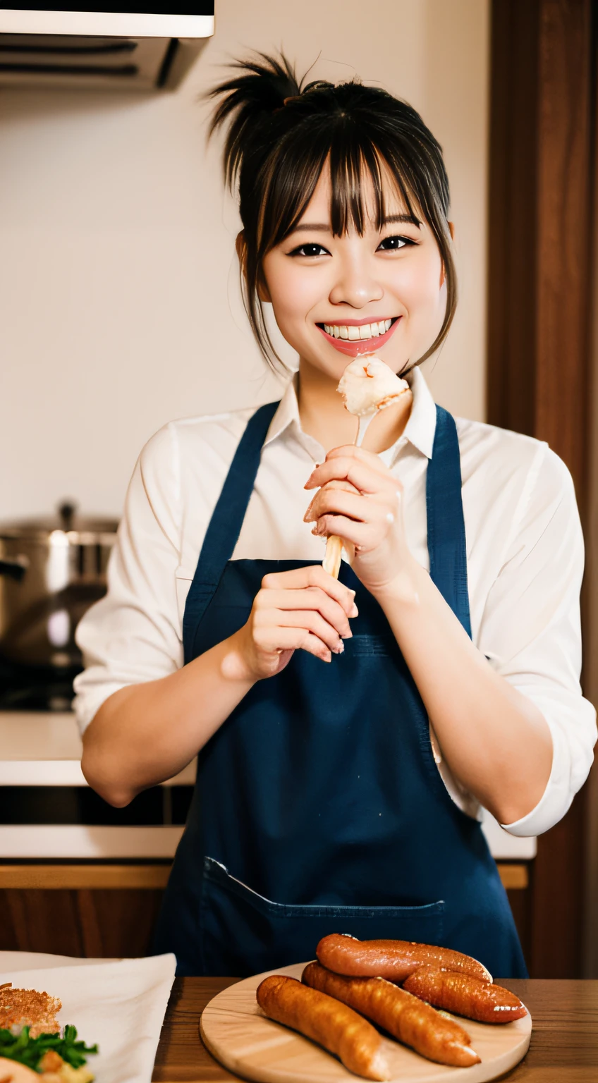 Bokeh: 1.3, Photography, raw: 1.2, Ultra Real 1.4, Representative writings: 1.3, max resolution: 1.3, Ultra HD: 1.2, Beautiful Girl: 1.2, Smile, Beautiful teeth, Bangs, Ponytail, ( White Apron: 1.1), Eating sausages in the kitchen