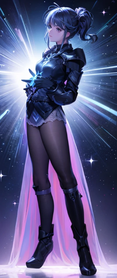 Beautiful paladin girl，Holding a shield，Extremely beautiful，High Balance, Natural light, Lace，black in color，starrysky，Star decoration (Masterpiece, Highest quality)，unreal-engine，Standing painting, angle of view,Tulle skirt，ssee-through，Over-the-knee black stockings