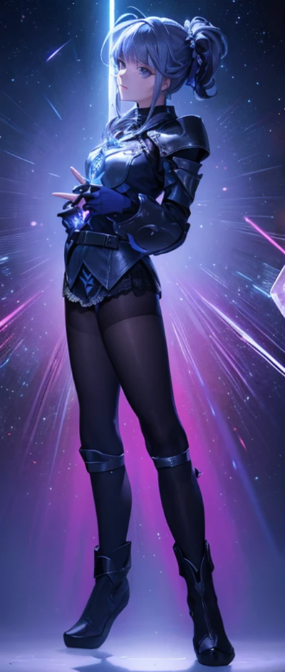 Beautiful paladin girl,Holding a shield,Extremely beautiful,High Balance, Natural light, Lace,black in color,starrysky,Star decoration (Masterpiece, Highest quality),unreal-engine,Standing painting, angle of view,Tulle skirt,ssee-through,Over-the-knee black stockings