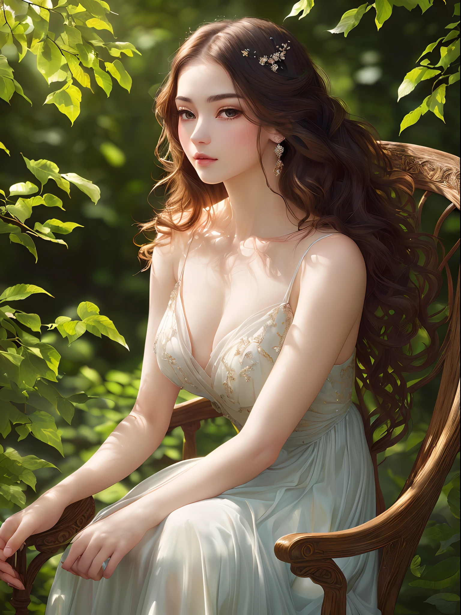 (girl:1.1), (:1.1), (beautiful:1.1), (detailed:1.1), (realistic:1.37), (oil painting), (soft lighting), (subtle colors), (delicate skin), (long wavy hair), (innocent expression), (graceful posture), (sitting on a vintage chair), (lush greenery background), (gentle breeze), (sunlight filtering through the leaves), (luminous skin tones), (fine brushwork), (impressionistic background), (ethereal atmosphere), (intimate and serene mood), (feminine curves), (subtle shadows), (harmonious composition), (blurred background), (dreamy and romantic), (captivating gaze), (polished finish), (evokes a sense of sensuality), (impressive attention to detail), (masterfully executed), (high resolution), (studio-lit), (exquisite form), (timeless beauty), (supreme craftsmanship).