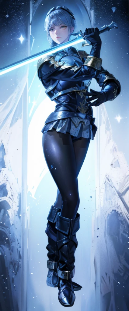 Beautiful paladin girl，Holding a shield，Extremely beautiful，High Balance, Natural light, Lace，black in color，starrysky，Star decoration (Masterpiece, Highest quality)，unreal-engine，Standing painting, angle of view,Tulle skirt，ssee-through，Over-the-knee black stockings