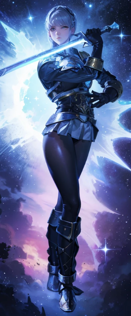 Beautiful paladin girl,Holding a shield,Extremely beautiful,High Balance, Natural light, Lace,black in color,starrysky,Star decoration (Masterpiece, Highest quality),unreal-engine,Standing painting, angle of view,Tulle skirt,ssee-through,Over-the-knee black stockings