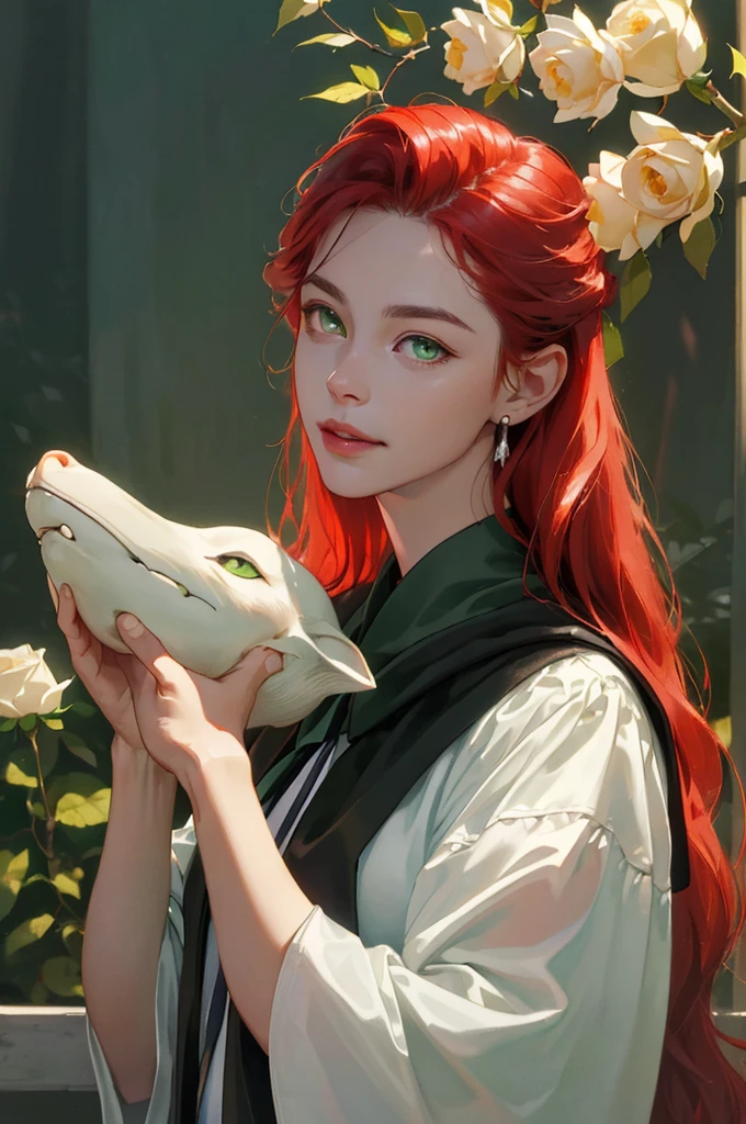 (masterpiece, best quality, high resolution:1.4),(Raw photography, top-quality, masterpiece, extremely delicate and beautiful, highly detailed, Unity, 8K Picture Wallpaper, amazingly detail, detailed, masterpiece, top-quality, Official art, Highly detailed ticker Unity 8k wallpaper, ultra detailed art, high resolution, highly detailed, Clair, Focus,)(top-quality), (realisitic, Photorealsitic:1.5), (8K, Soft lighting, hightquality, lighting like a movie), (1girl), pretty, beautiful, (noble), elegant, skin pores texture, HD , Photography, movie, cinematic, portrait, Realistic, (8k, RAW photo, best quality, masterpiece:1.2), (realistic, photo-realistic:1.33), best quality, (detailed eyes: olive green eyes), (white shirt), (green and silver striped tie), (red hair), (long flowing hair), , (16 years old), (young), portrait, smile, (background: red rose garden), cats, bust up, detailed and realistic portrait of a girl, (fragile), (night light), (British), (pale), (Caucasian), (innocent), (plump juicy lips), (black cloak with a deep green lining)