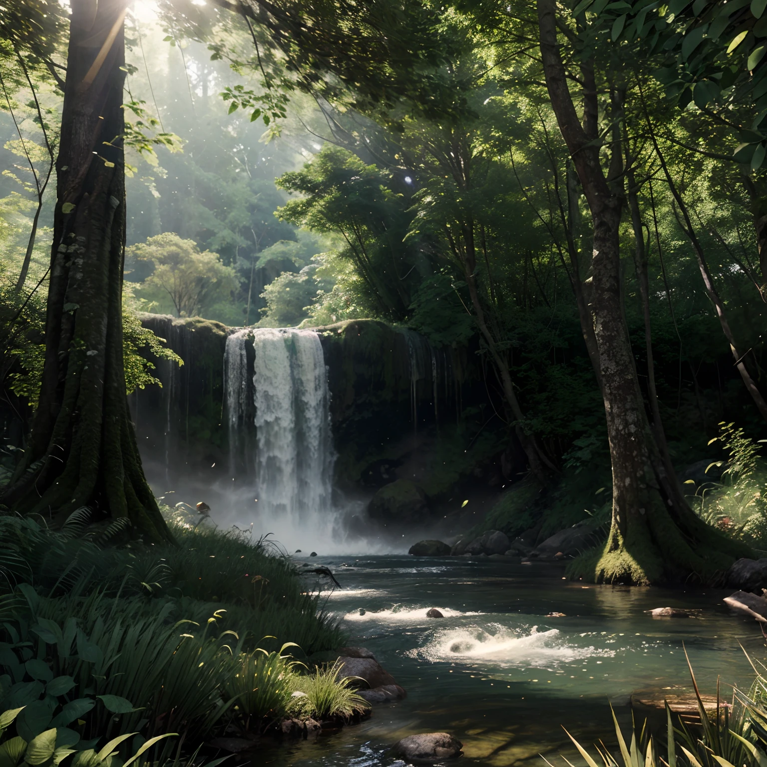 Daytime evergreen forests, very dense canopy very dense forest and vegetation, greenery all around,  daytime scorching sunlight through the canopy, calm environment,  waterfall  water flowing very rapidly 8k quality hyper realistic ;  game graphic