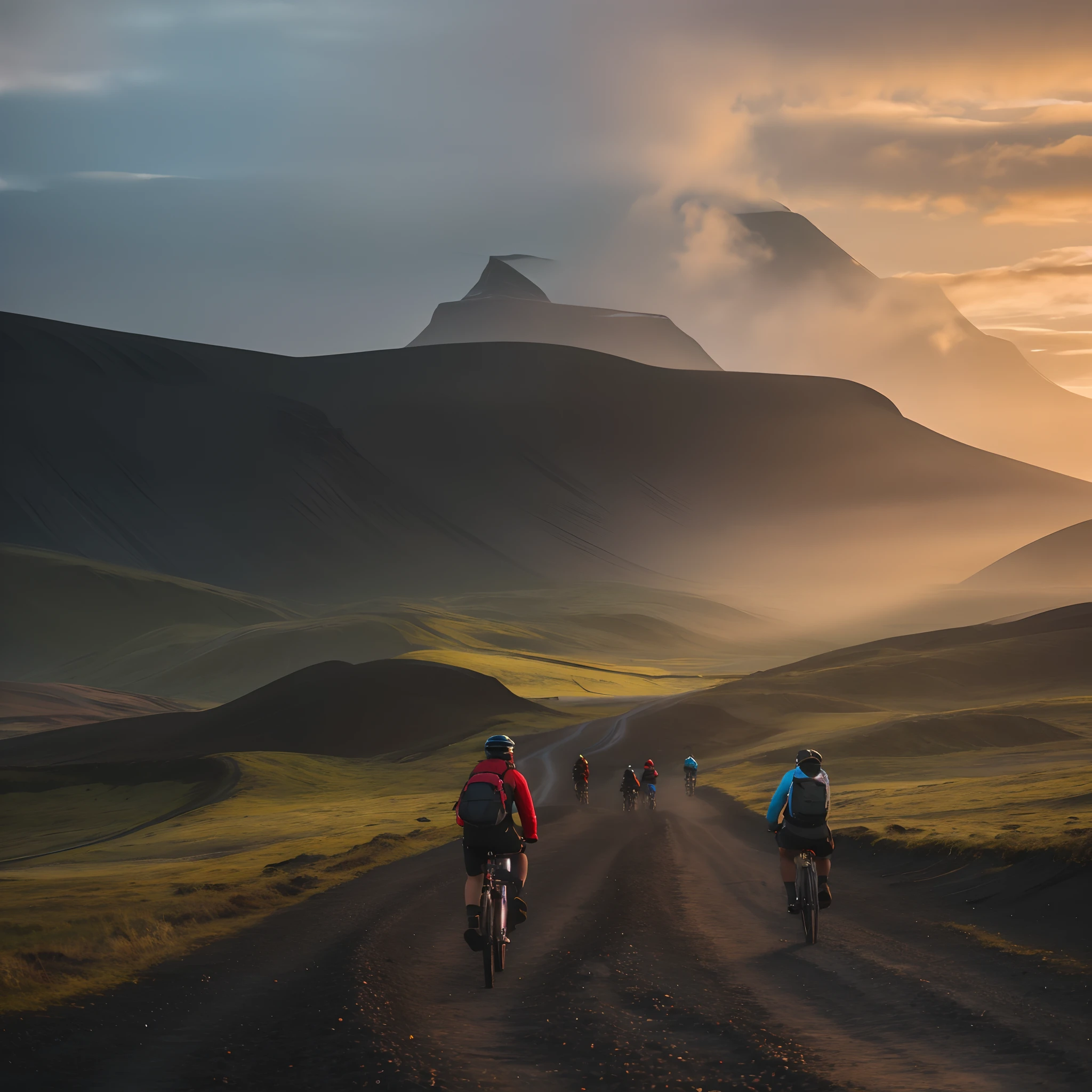 People ride bicycles on dirt roads in front of the mountain, max rive, iceland hills in the background, iceland photography, sci-fi of iceland landscape, unsplash contest winning photo, iceland landscape, icelandic valley, epic cinematic shot, atey ghailan and steve mccurry, most epic landscape, an icelandic landscape, an amazing landscape image, iceland, 8k epic scenes