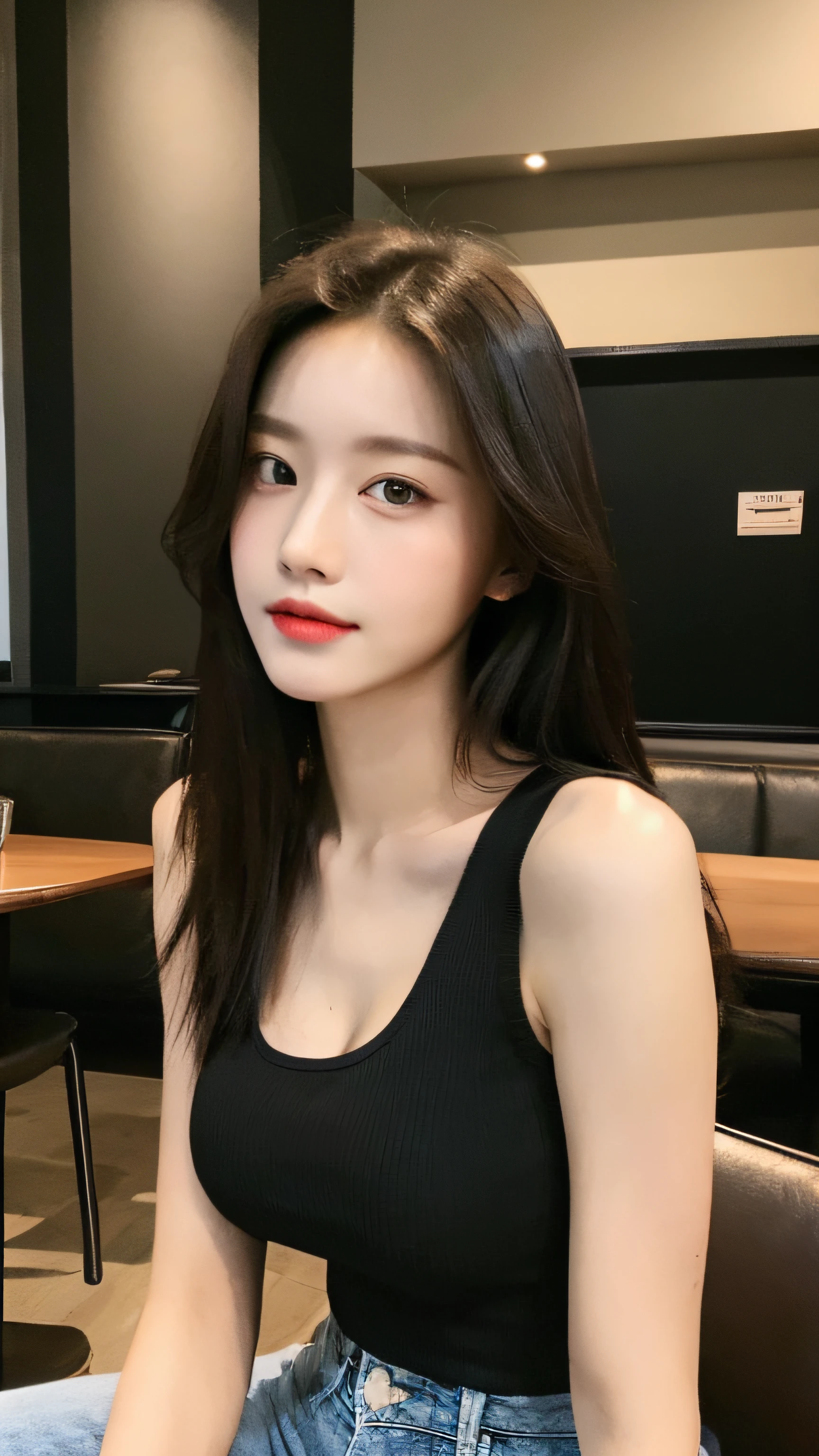 (Realistic, High resolution:1.2), 1 girl, super fine face and eyes, long hair, tight black tank top with black jacket, short jeans, sitting on coffee chair, in café, coffee on table, big breasts