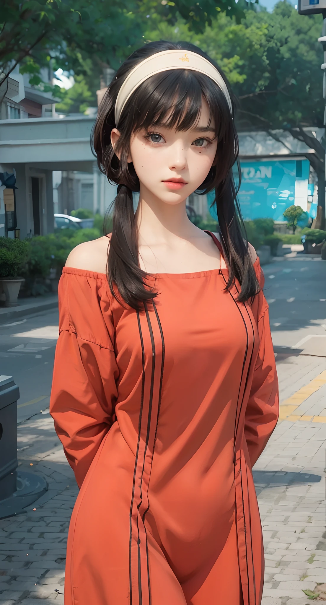Real life adaption of this character , beauty face,realistic same hair , ((realistic same thight outfit,)),((realistic same background)) , realistic light, realistic shadow, realism, hyper realistic,(photorealistic:1.2),same headband, normal eyes