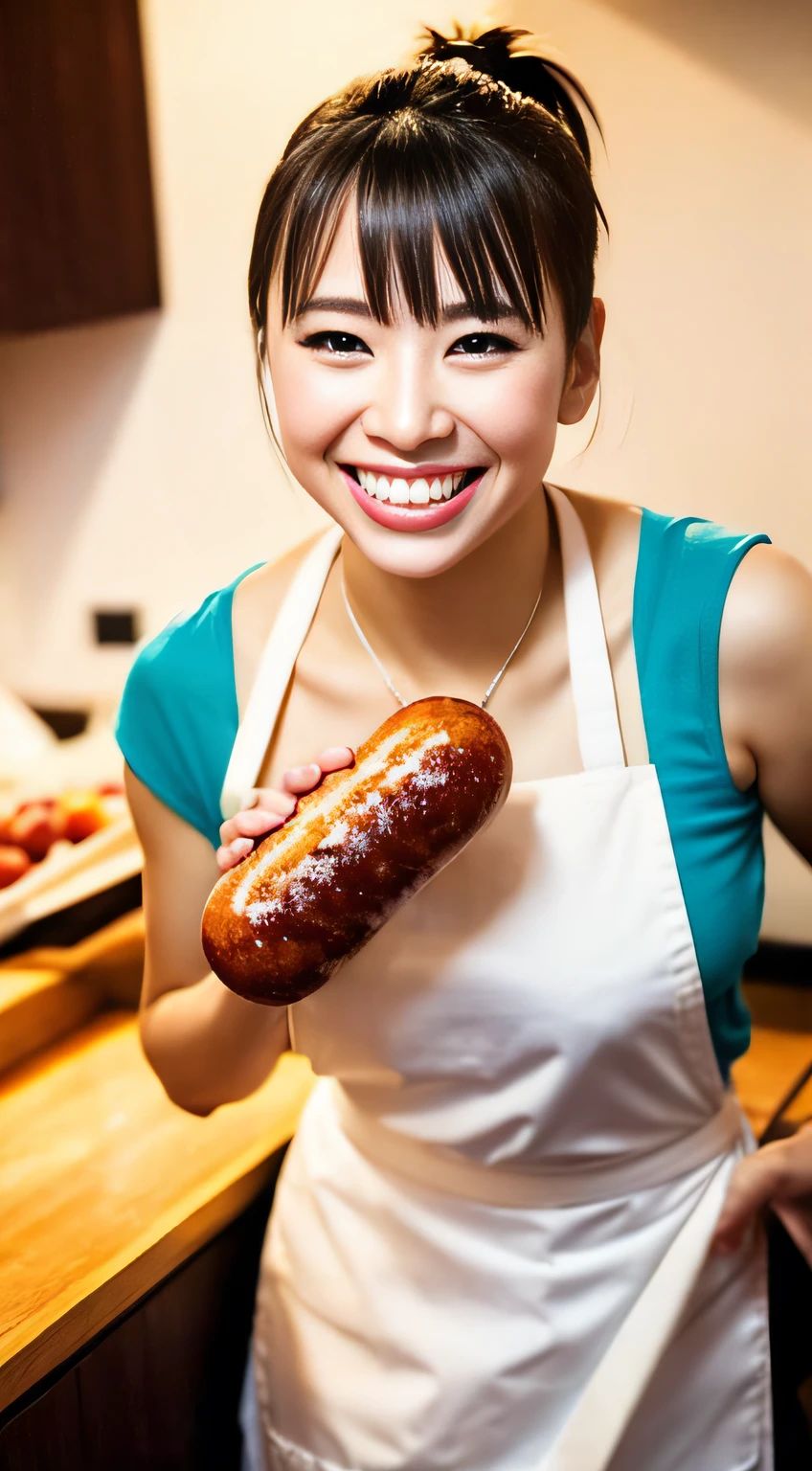 Bokeh: 1.3, Photography, raw: 1.2, Ultra Real 1.4, Representative writings: 1.3, max resolution: 1.3, Ultra HD: 1.2, Beautiful Girl: 1.2, Smile, Beautiful teeth, Bangs, Ponytail, ( White Apron: 1.1), Eating sausages in the kitchen