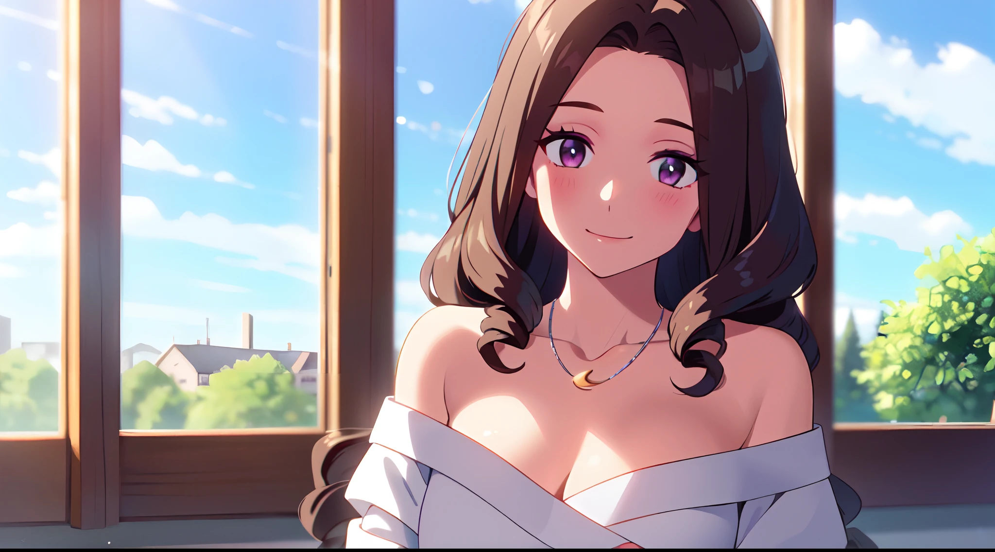 Masterpiece, 1 lady (solo), very long wavy curly brown hair, parted hair and forehead show, Have twin drills sidebangs. Have purple eyes. With purple eyeshadow. Smiling and blushing. Wear off shoulder white blouse. large breast. Wearing Silver crescent necklace . Window. Blue sky. Close up.