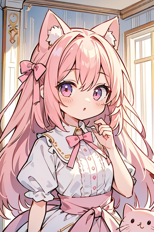 Extremely detailed CG unified 8K wallpaper, very fine 8KCG wallpaper, absurderes,Lori ,Best quality ,ultra - detailed ,Beautiful face ,tmasterpiece、Head-to-waist display、A girl stands、top-quality(tmasterpiece), top-quality, 1 Shota in, light pink colored hair、Long、light pink dress、short- sleeved、Light pink ribbon、Light pink eyes、kawaii、((Cat's ears))、