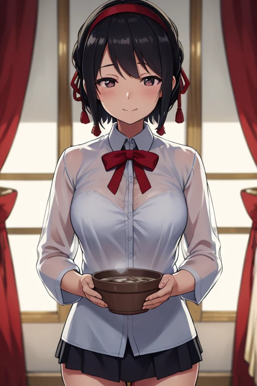 mitsuhamiyamizu, 
(masterpice, best quality, high quality, highres:1.4), extremely detailed, detailed skin, ambient soft lighting, 4K,
1girl, solo, standing, upper body, mature female, black hair, short hair, french twist, long sidelocks,
black irish, half-closed eyes, long eyelashes, thick eyelashes, smile looking at viewer, wet,
closed mouth,
lingerie, undershirt, white shirt,  see-through, thighhigh,  skindentation, thick thigh
large breasts, cleavage,
indoors, casual, window, furniture, flower pot, red curtains, black walls, 



(EasyNegative:0.8), (wost quality, low quality:1.4), tight, skin tight, impossible clothes, blurry, blur, bokeh, fog, mist, bloom, headband, latex