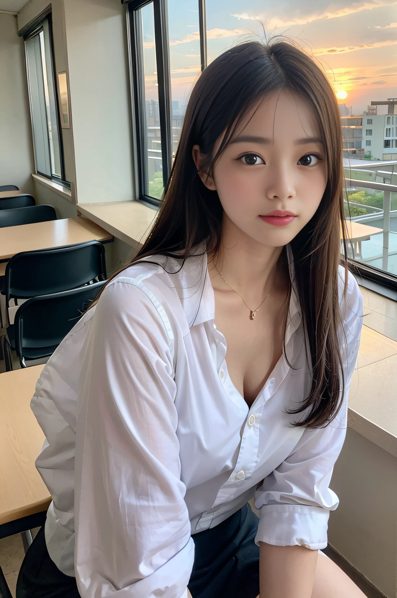 1 Girl M、japanse、 (Soio)、(Chest shot up)、18year old、(Sitting on a school chair by the window)、She's looking at it、Sunset hits、(ultra cute girl:1.5)、(A detailed face)、Textured Leather、Adult face、Bare legged、Brown hair、(校服)、 School、crass room、School Desks and Chairs、The windows are full of residential areas and sunsets.