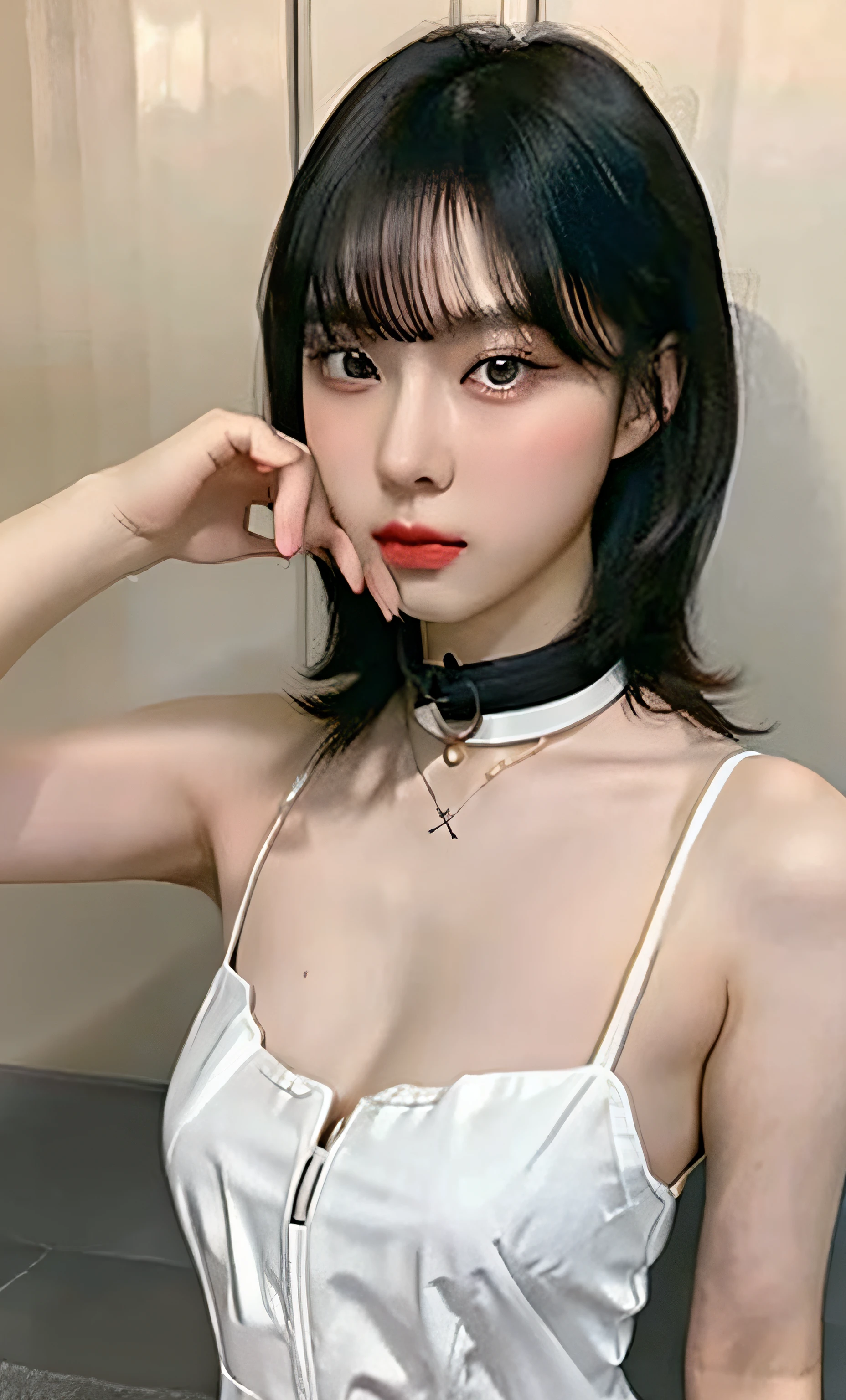 Korean woman in sheer fabric(((DeepVnecklineslipdress))), black hair, (big breasts:1.27), huge areola ,(((areola slip))),((puffy areolae)),((sideboob)),(((collar))), Korean girl, beautiful south Korean woman, gorgeous young Korean woman, beautiful young Korean woman, asian girl with long hair, young adorable Korean face, portrait of female Korean idol, Korean woman, messy hairstyle, ulzzang, ulzzang-6500-v1.1, pureerosface_v1, popular Korean makeup, popular south Korean makeup, with long hair, (8k, RAW photo, best quality, masterpiece: 1.45), (nsfw:1.35)