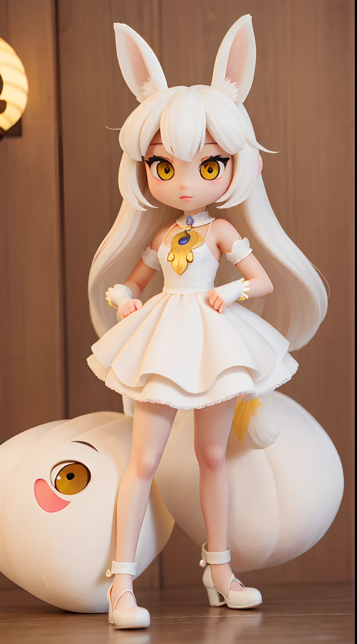 She is very beautiful because she is a rabbit beastman、white and beautiful skin、Yellow eyes、Big eyes、tiny chest、Rabbit tail、tchibi、Mega Mini、Megachibi、sexypose