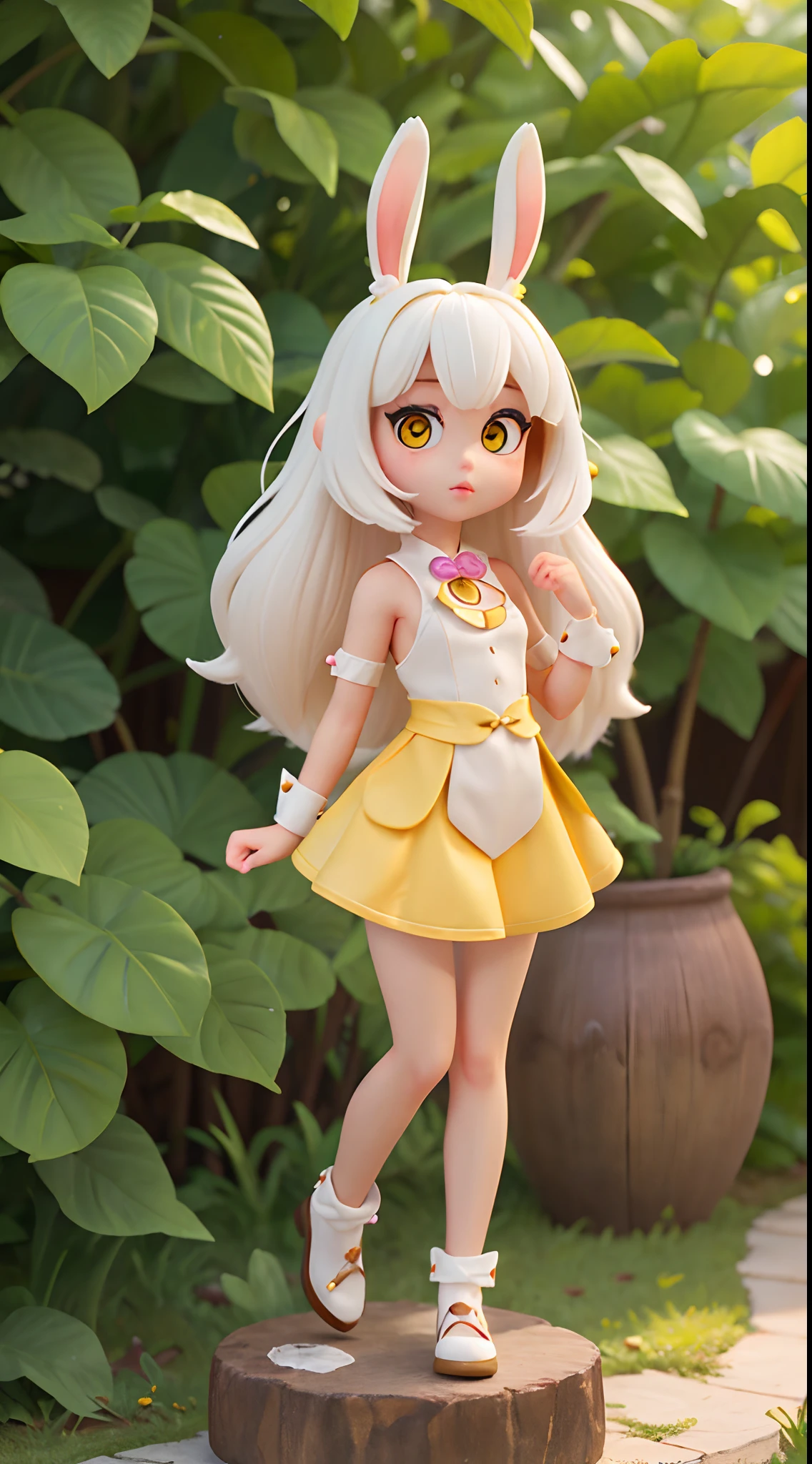 She is very beautiful because she is a rabbit beastman、white and beautiful skin、Yellow eyes、Big eyes、tiny chest、Rabbit tail、tchibi、Mega Mini、Megachibi、sexypose
