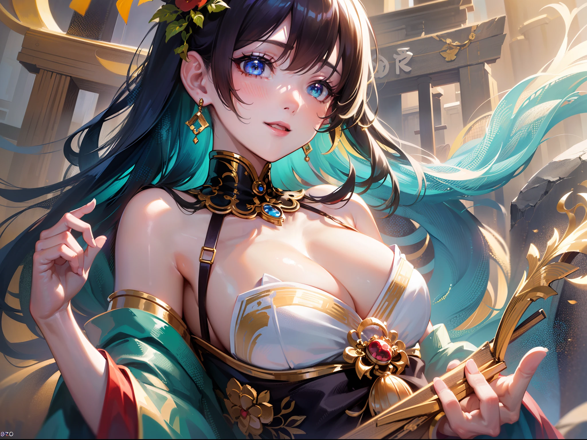 (Ultra Real), (Illustration), (High Resolution), (8K), (Very Detailed), (Best Illustration), (Beautiful and Detailed Eyes), (Best Quality), (Ultra Detailed), (Masterpiece), (Wallpaper), (Detailed Face), (Very Detailed Design, ), (Cleavage), (Very Beautiful Body Line), (Smile that captivates viewers)), (Very shiny skin), (Bare shoulders), ( (shrine maiden))),((Shrine maidens' costumes))