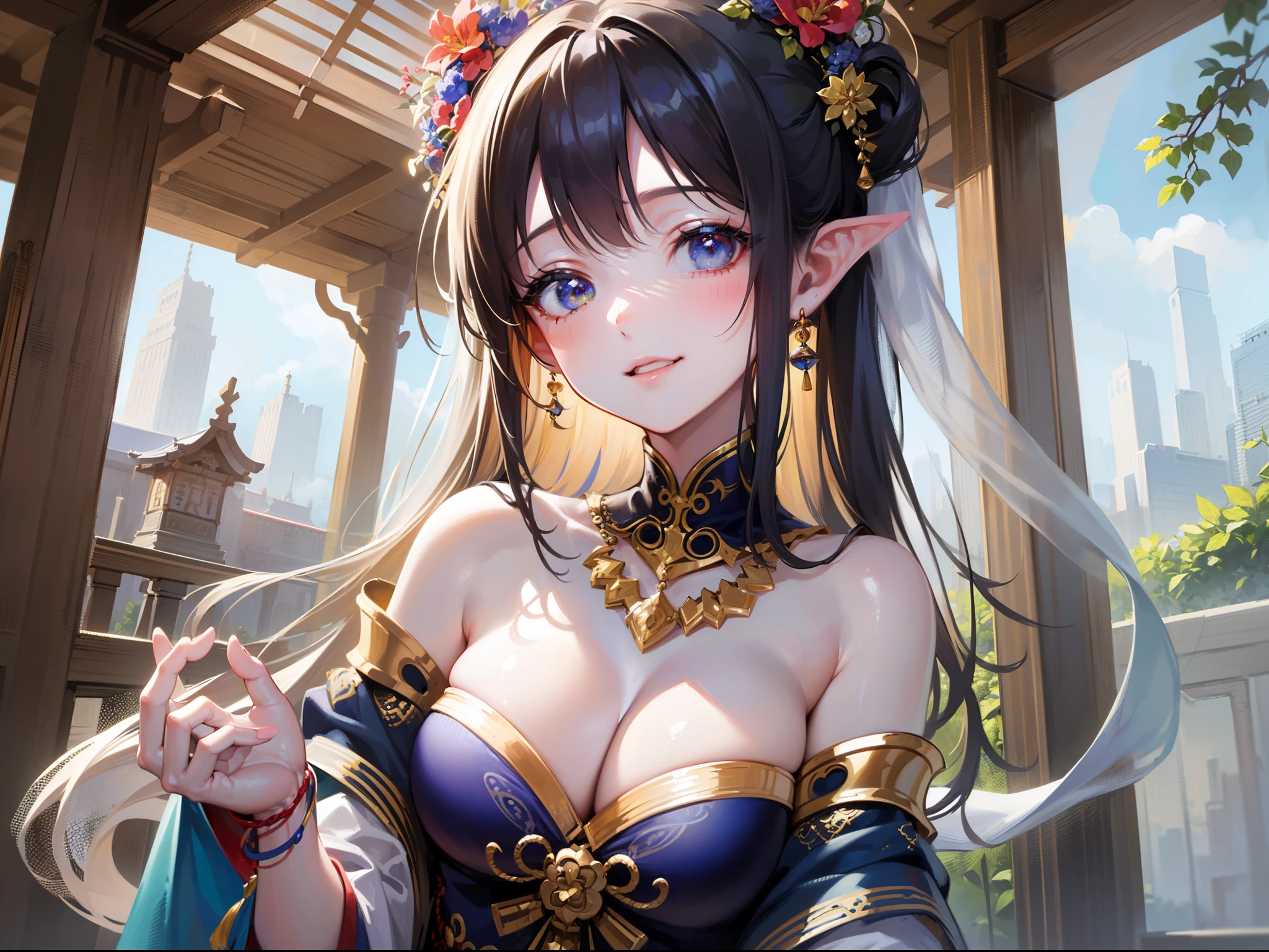 (Ultra Real), (Illustration), (High Resolution), (8K), (Very Detailed), (Best Illustration), (Beautiful and Detailed Eyes), (Best Quality), (Ultra Detailed), (Masterpiece), (Wallpaper), (Detailed Face), (Very Detailed Design, ), (Cleavage), (Very Beautiful Body Line), (Smile that captivates viewers)), (Very shiny skin), (Bare shoulders), ( (shrine maiden))),((Shrine maidens' costumes))