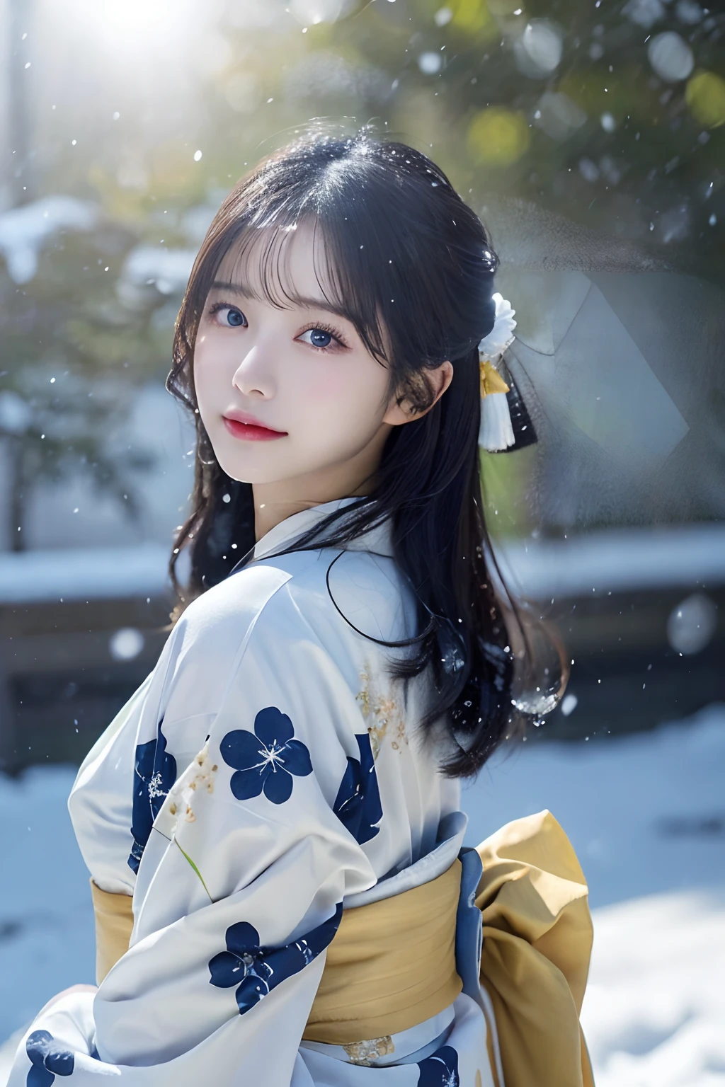 (Kimono)、、(top-quality,masterpiece:1.3,超A high resolution,),(ultra-detailliert,Caustics),(Photorealsitic:1.4,RAW shooting,)Ultra-realistic capture,A highly detailed,high-definition16Kfor human skin、 Skin texture is natural、、The skin looks healthy with an even tone、 Use natural light and color,One Woman,japanes,,kawaii,A dark-haired,Middle hair,(depth of fields、chromatic abberation、、Wide range of lighting、Natural Shading、)、、(Falling snow:1.2)、(Hair swaying in the wind:1.2)、(Snow reflects light:1.2)、back lighting, naked;