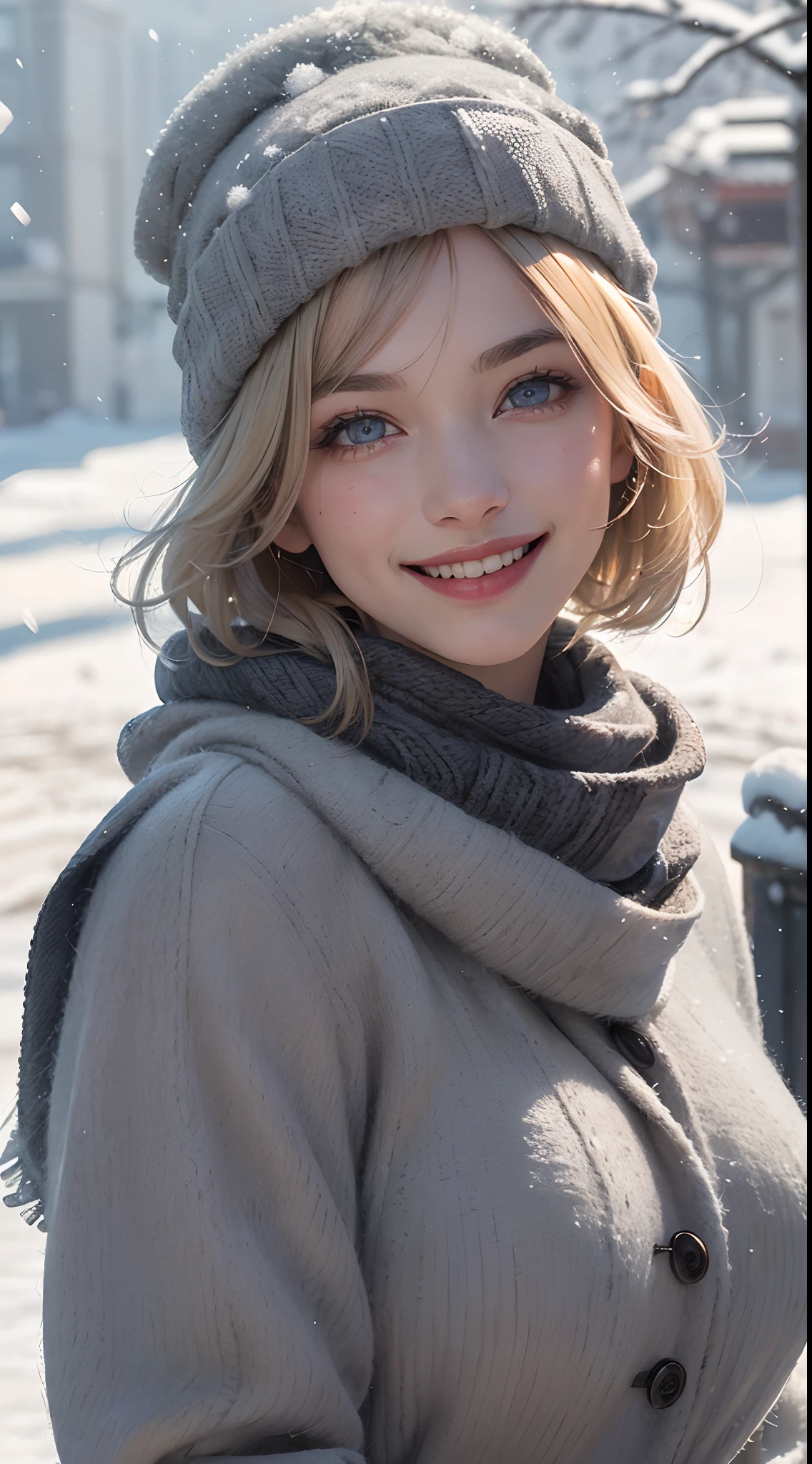(best quality, 4k, 8k, high-res, masterpiece:1.2), ultra-detailed, (realistic, photorealistic, photo-realistic:1.37), (beautiful detailed eyes, beautiful detailed lips, extremely detailed eyes and face:1.5), studio lighting, physically-based rendering, vivid colors, (big tits, super big tits, super extra big tits), (gray wool coat, hats, gloves, scarf:1.5), (smile and laugh:1.5), (blonde hair, bob cut, hair blowing in the wind, shiny hair, shiny skin), (snowy, blurred background:1.37), (tilt your head to the side:1.5),