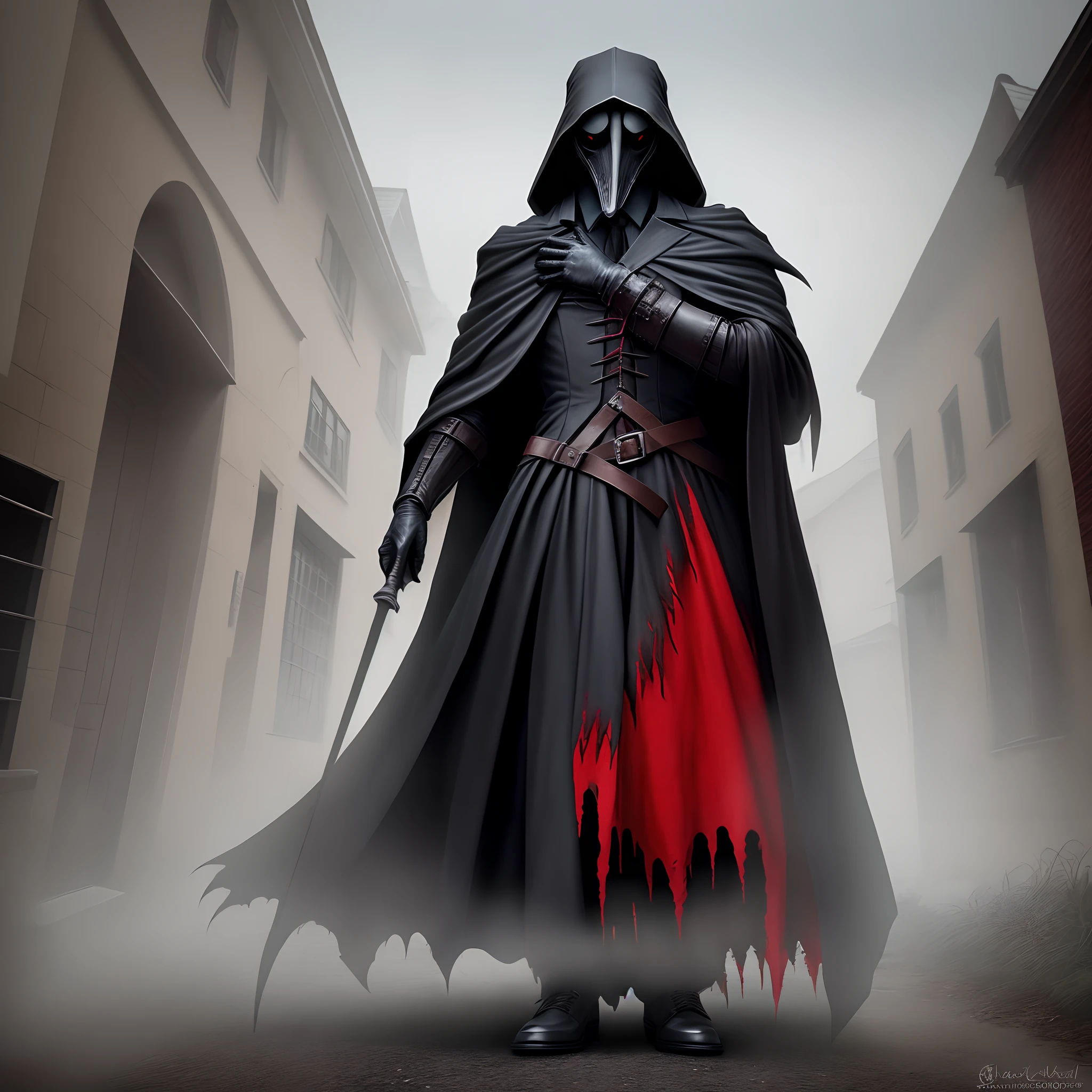 Tall, monster-like plague doctor in all black and dark red with white mask