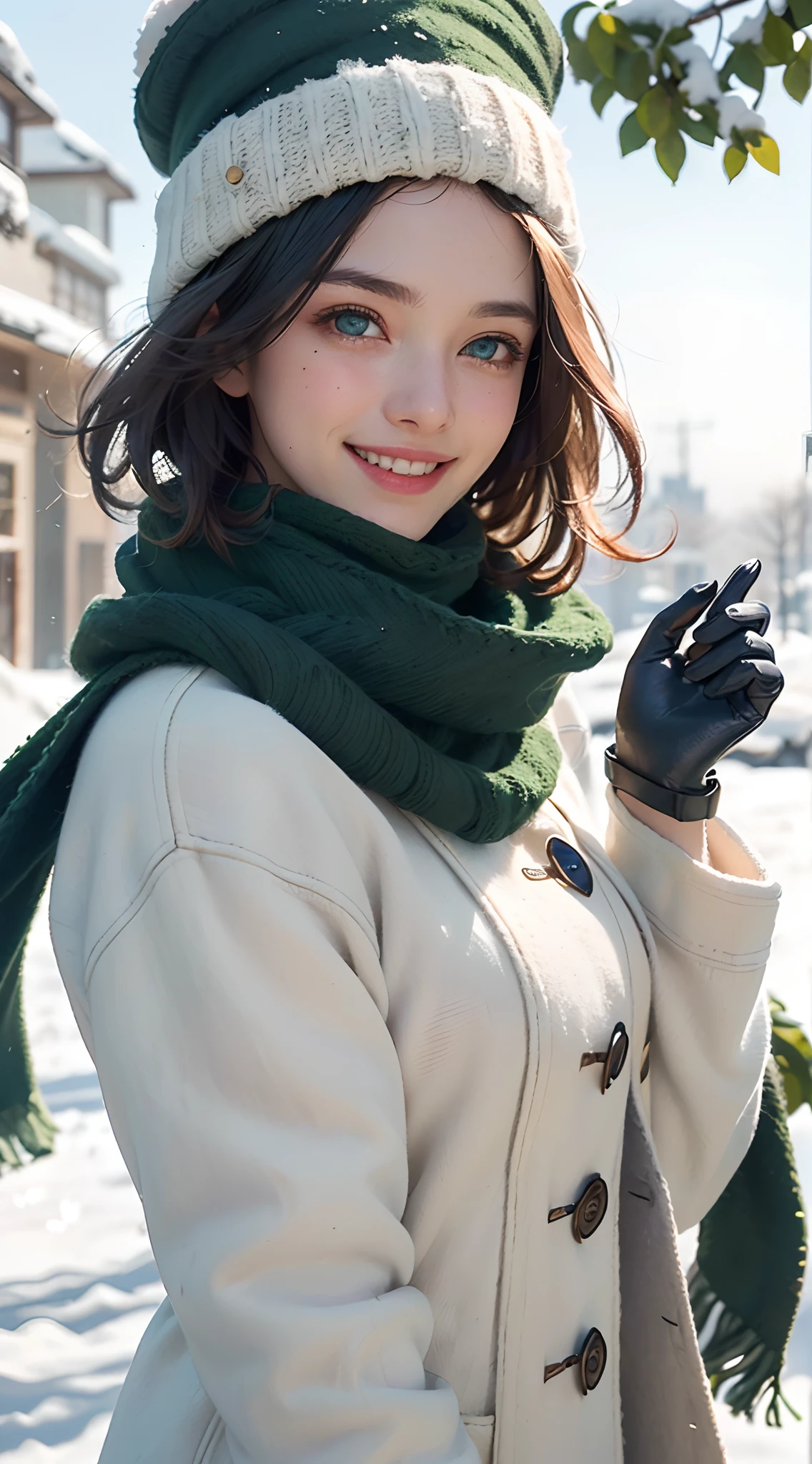 (best quality, 4k, 8k, high-res, masterpiece:1.2), ultra-detailed, (realistic, photorealistic, photo-realistic:1.37), (beautiful detailed eyes, beautiful detailed lips, extremely detailed eyes and face:1.5), studio lighting, physically-based rendering, vivid colors, (big tits, super big tits, super extra big tits), (green wool coat, hats, gloves, scarf:1.5), (smile and laugh:1.5), (bob cut, hair blowing in the wind, shiny hair, shiny skin), (snowy, blurred background:1.37), (tilt your head to the side:1.5),