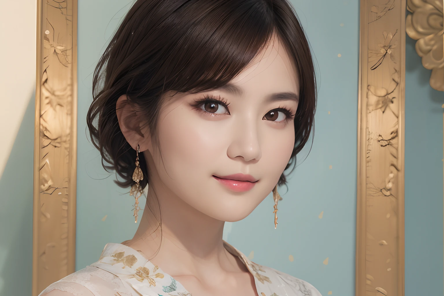 ​masterpiece、The highest image quality、hightquality、Beautuful Women、japanes、Popular Korean Makeup、detaileds、Swollen eyes、A detailed eye、Detailed skin、Beautiful skins、超A high resolution、(现实:1.4)、very extremely beautiful、Slightly younger face、Beautiful skins、thin-waist、(A hyper-realistic)、(illustratio)、(hight resolution)、(8K)、(ighly detailed)(The best illustrations)、(beautifully detailed eyes)、(ultra-detailliert)、(wall-paper)、(详细的脸)、looking at the viewers、fine detailed、 A detailed face、pureerosfaceace_v1、A smile、Looking straight ahead、photos realistic、Bright lighting、profetional lighting、A dark-haired、(((very_Short_hair)))、brightly lit room、Painterly、picture frame