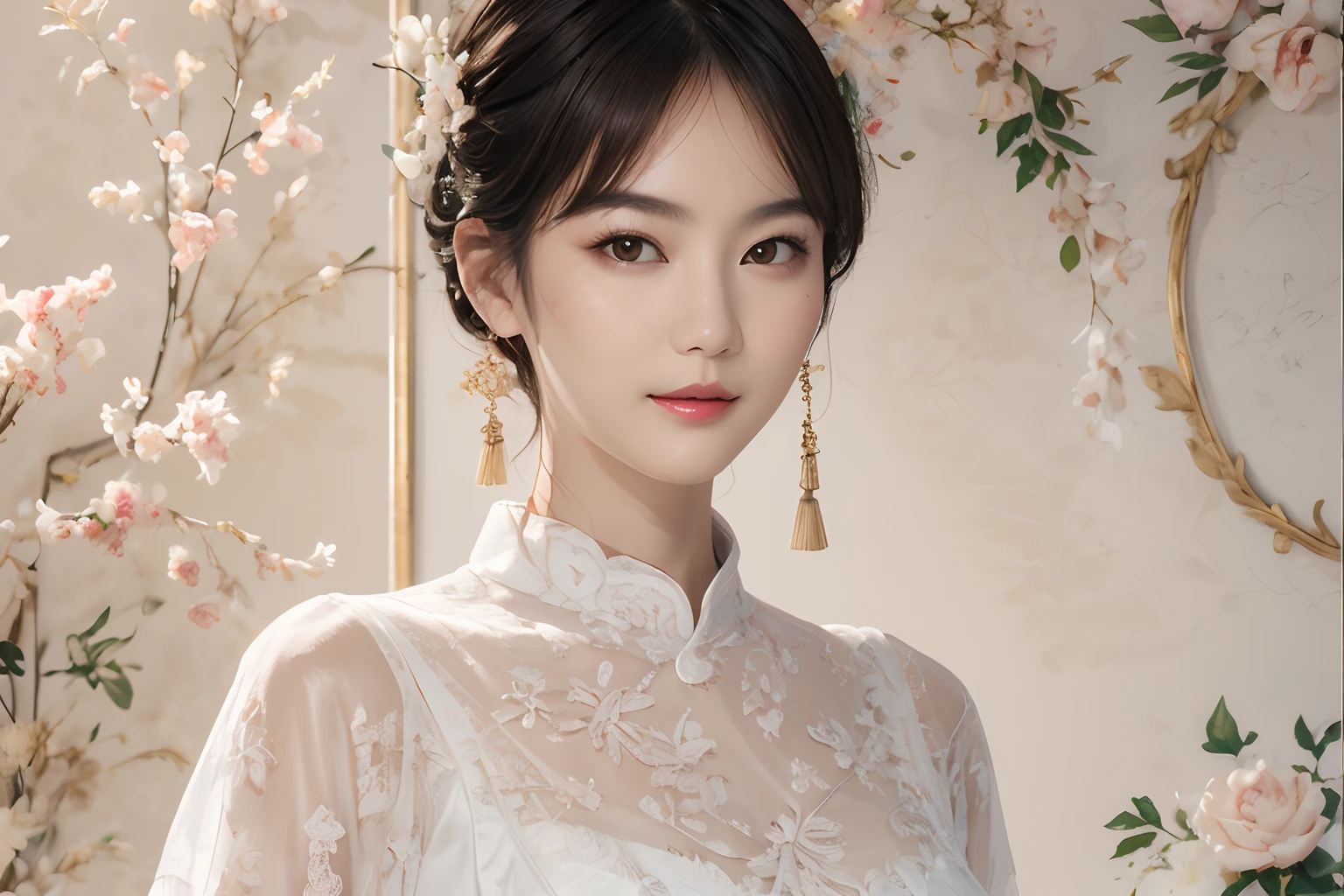 masterpiece、The highest image quality、hightquality、Beautuful Women、japanes、Popular Korean Makeup、detaileds、Swollen eyes、A detailed eye、Detailed skin、Beautiful skins、超A high resolution、(现实:1.4)、very extremely beautiful、Slightly younger face、Beautiful skins、thin-waist、(A hyper-realistic)、(illustratio)、(hight resolution)、(8K)、(ighly detailed)(The best illustrations)、(beautifully detailed eyes)、(ultra-detailliert)、(wall-paper)、(详细的脸)、looking at the viewers、fine detailed、 A detailed face、pureerosfaceace_v1、A smile、Looking straight ahead、photos realistic、Bright lighting、profetional lighting、A dark-haired、(((very_Short_hair)))、brightly lit room、Painterly、picture frame