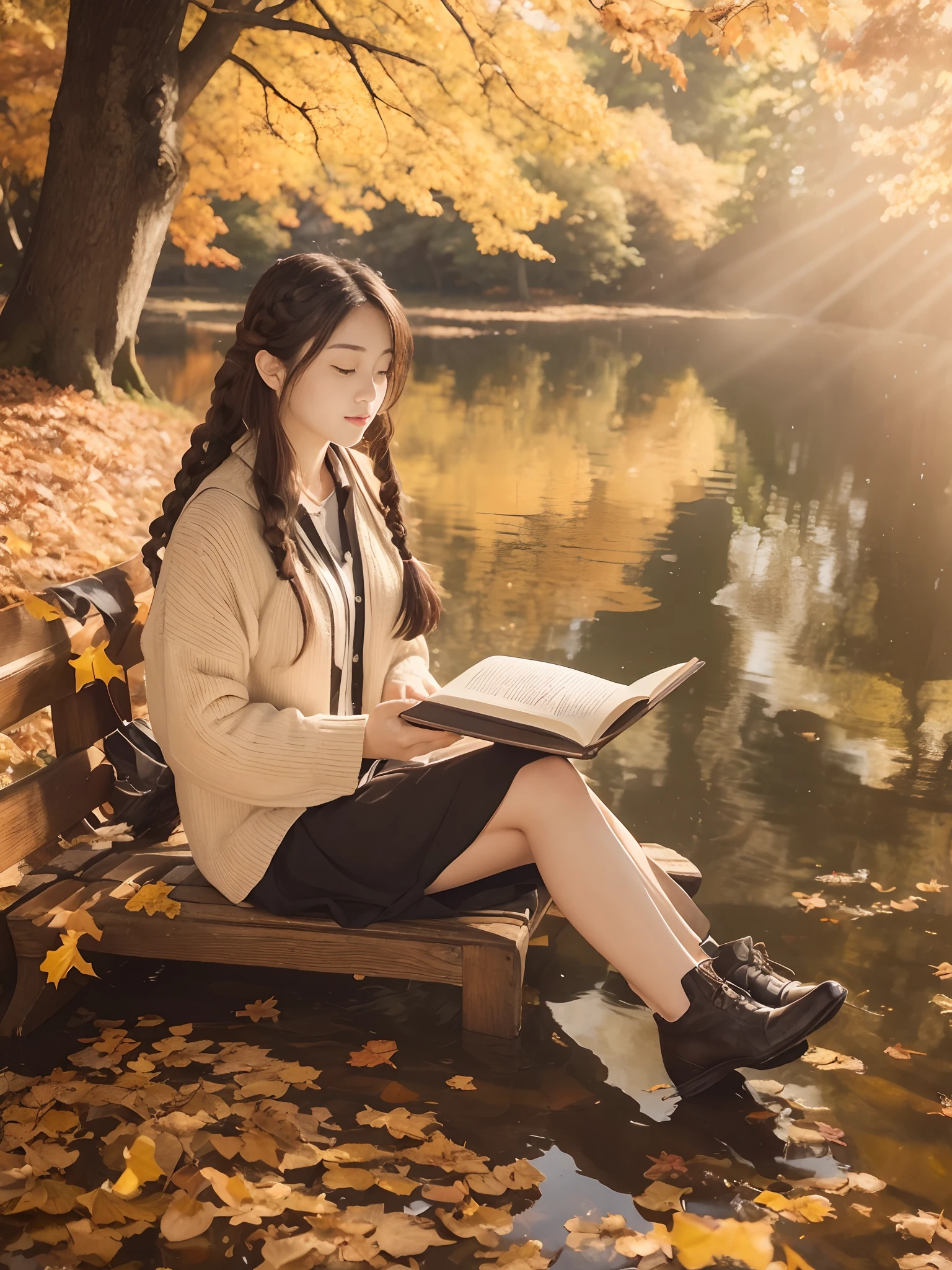 (((nffsw))), (((masutepiece))), (((8K))), (((hight resolution))), (((photographrealistic))), god rays, Zoom Layer, (((FULL BODYSHOT))), F/4.0, canon, Shiny skin,Detailed skin,Detailed face, Detailed eyes, Japan actress at the age of 18, A clear pond surrounded by autumn leaves, Sitting on a bench by a pond reading a book,  Smaller chest, braid hair, Thin glasses, Light brown shirt, Long skirt with gingham check, White Socks, Brown shoes,  Beautiful autumn leaves, Bright red and yellow autumn leaves fall,   reddish and surrounded by a forest of autumn leaves, relaxed expression, Pleasant weather, blue open sky, white clouds, Birds flying far away