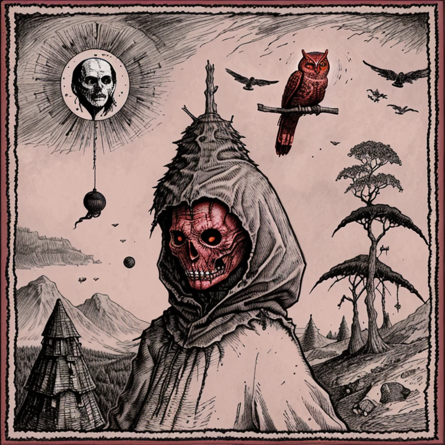 A drawing of a red owl sitting on top of a hill, inspirado por Alfred Kubin, portada, album cover art, Mark Riddick, album cover art, arte, Nightmare illustration, Chtulhu, just art for dark metal music, Portada detallada, album cover art, Baba Yaga, Grimes - Book 1 album cover, al estilo de Edward Gorey"