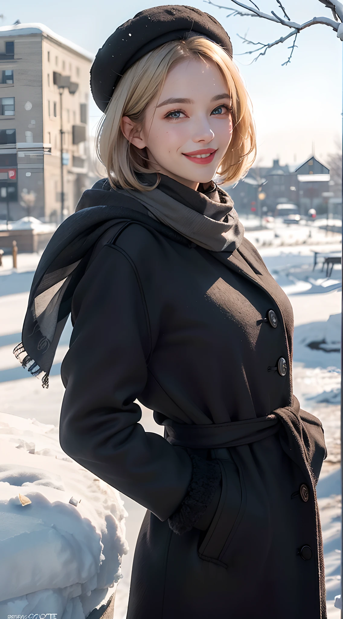 (best quality, 4k, 8k, high-res, masterpiece:1.2), ultra-detailed, (realistic, photorealistic, photo-realistic:1.37), (beautiful detailed eyes, beautiful detailed lips, extremely detailed eyes and face:1.5), studio lighting, physically-based rendering, vivid colors, (big tits, super big tits, super extra big tits), (black wool coat, hats, gloves, scarf:1.5), (smile and laugh:1.5), (blonde hair, bob cut, hair blowing in the wind, shiny hair, shiny skin), (snowy, blurred background:1.37), (tilt your head to the side:1.5),