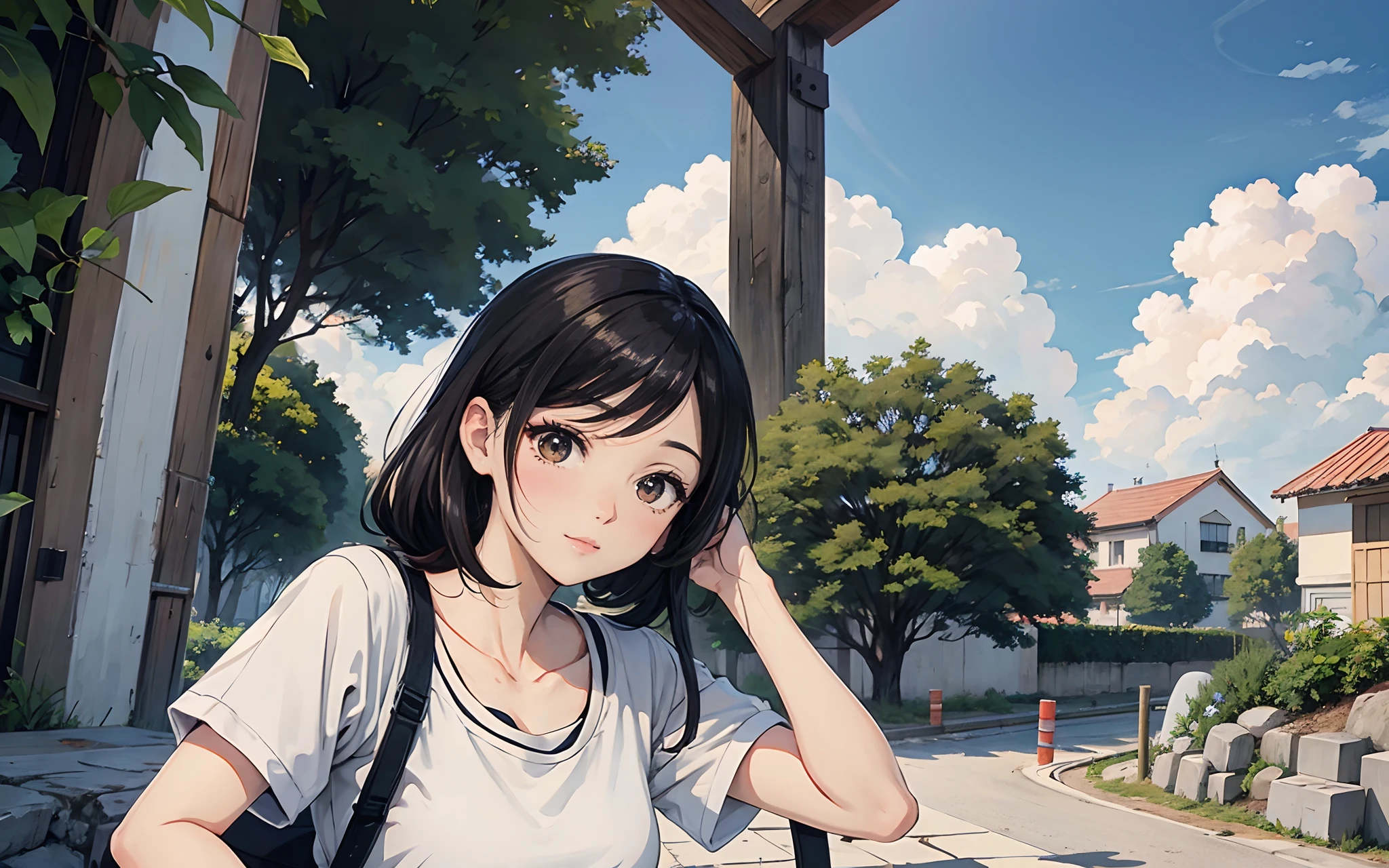 Anime girl with black hair and white shirt sitting on a bench - SeaArt AI