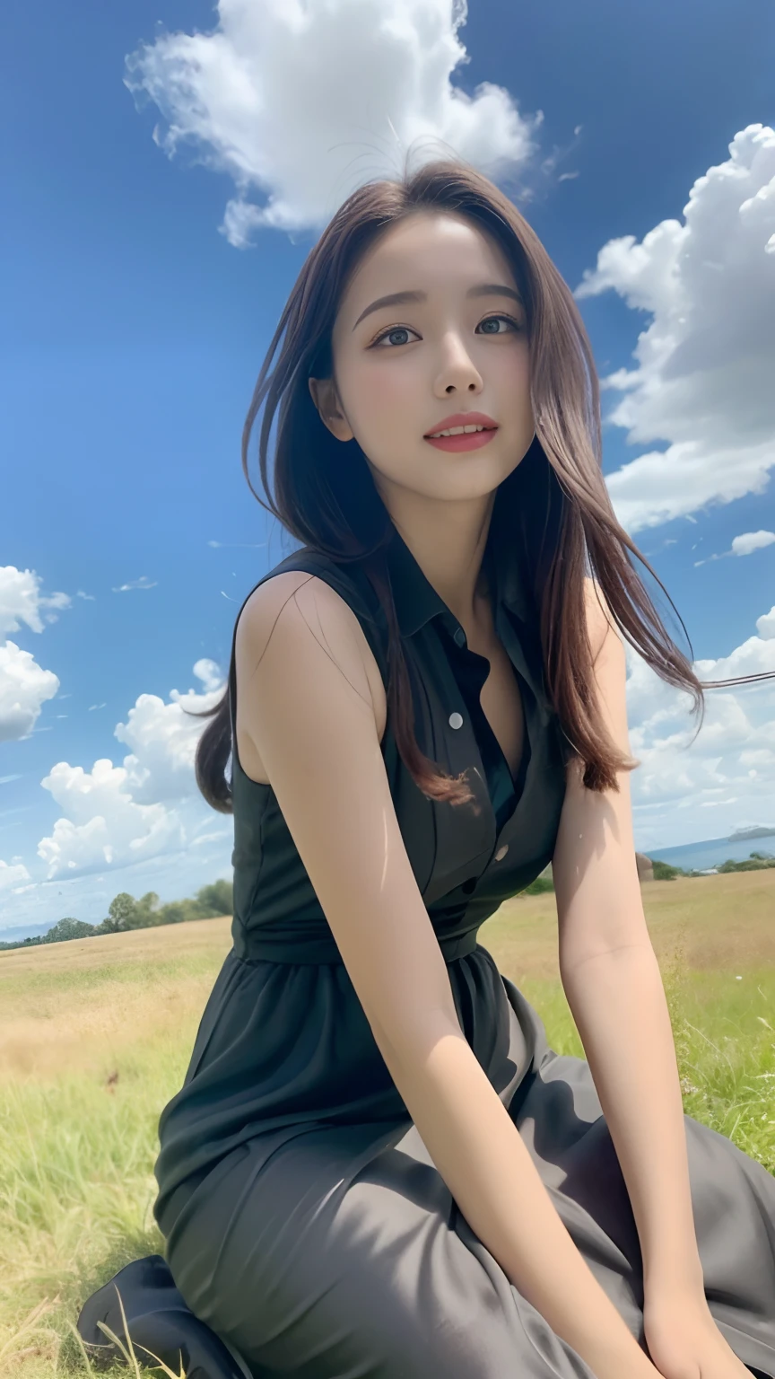 ((Best Quality, 8K, Masterpiece:1.3)), A beautiful girl, pure, melon face, gentle and cute, thin figure, facing right, head to the right, lips closed, upper body leaning forward, collared dress, grey dress, layered dress, long dress, black silky long hair, round black big eyes, clear big eyes, moist red lips, sweet smile, sitting, blue sky and white clouds, sunlight, grassland background,