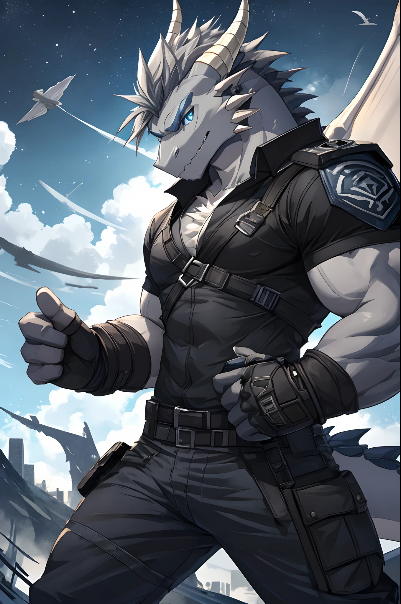 Masterpiece, Cool Pose, Furry Gray Dragon, Medium Strong Body, Blue Eyes, Grey Medium Hair, Combat Black Shirt, Combat Gloves, Combat Pants, Fierce, Good looking