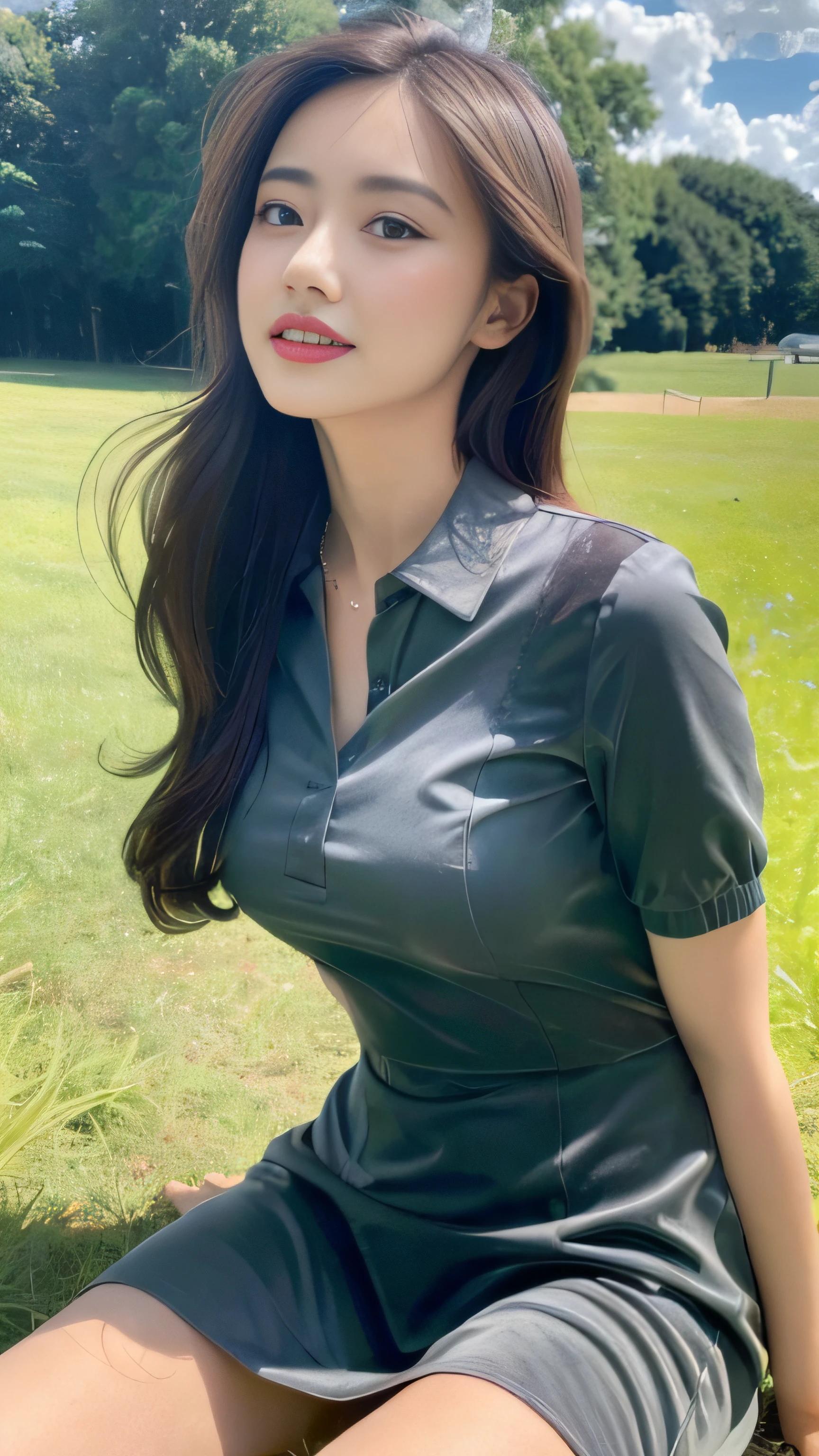 ((Best Quality, 8K, Masterpiece:1.3)), A beautiful girl, pure, melon face, gentle and cute, thin figure, facing right, head to the right, lips closed, upper body leaning forward, collared dress, grey dress, layered dress, long dress, black silky long hair, round black big eyes, clear big eyes, moist red lips, sweet smile, sitting, blue sky and white clouds, sunlight, grassland background,