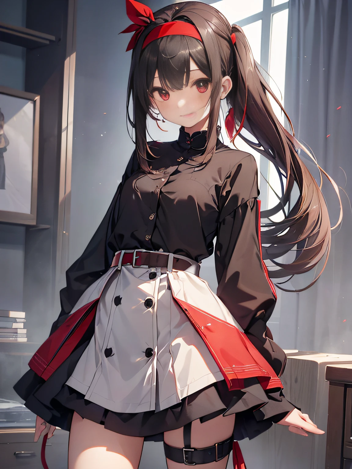 top-quality、extremely delicate and beautiful、(((Only 1 person)))、、、(Dark hair)、Gray clothes with vertical buttons、Belt at waist、grey miniskirt、((poneyTail))、(red hairband)、(Brown boots)、Red-eyed、A smile、