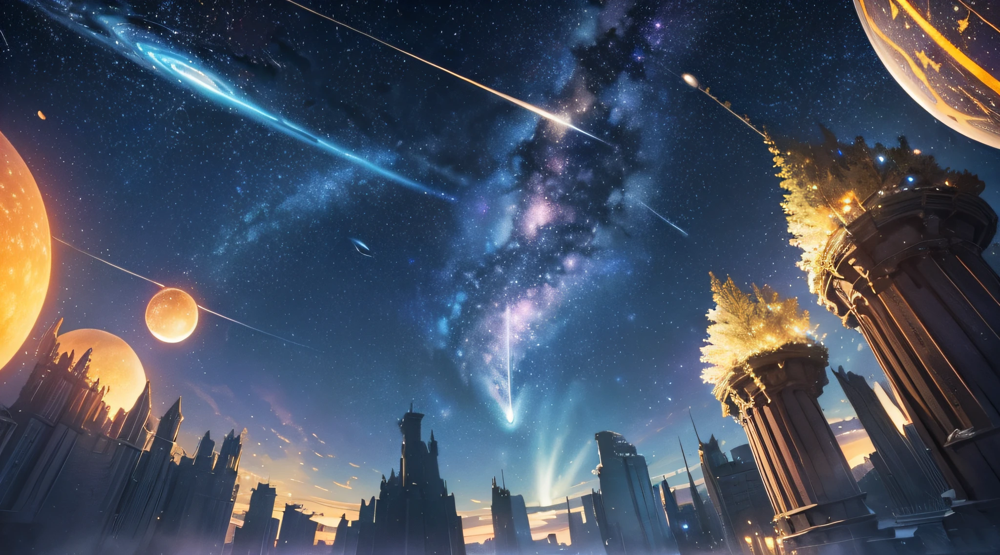 masterpiece、Background with((Fantastic starry sky、mid air、meteors、black hole))、Depth((Luminous Planets))、Looking up