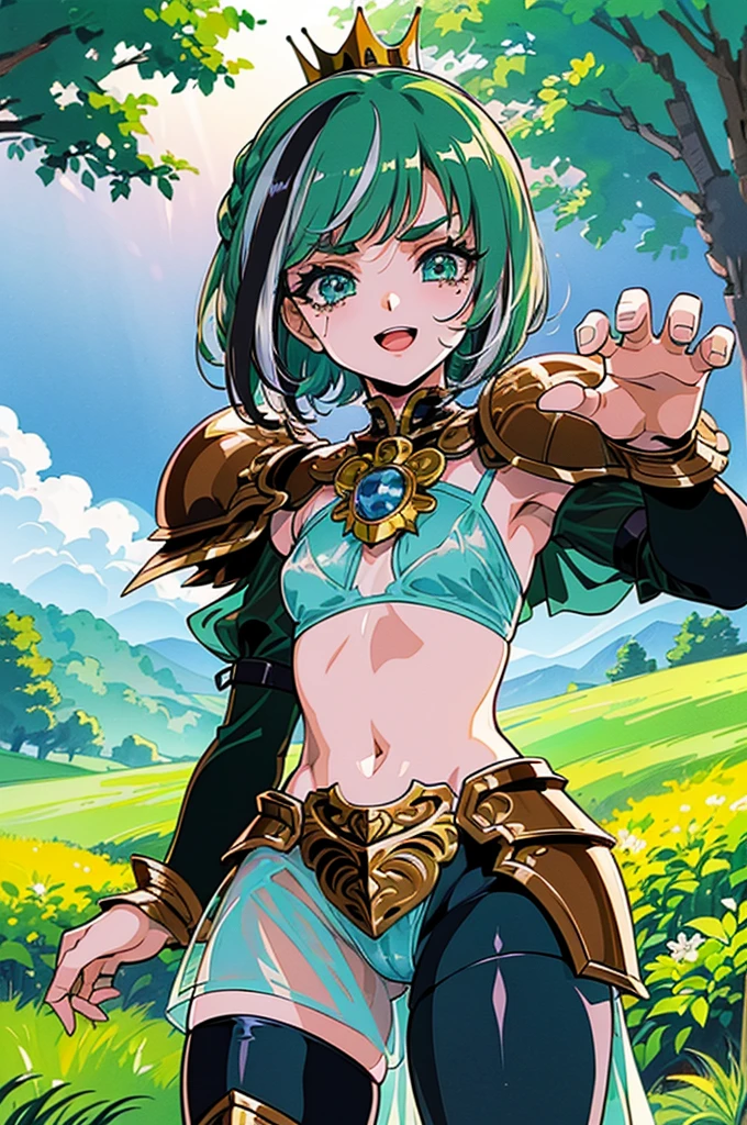 "(masterpiece:1.1), best quality,
1girl, (80s anime style:1.3), (eyelashes:1.5), (li:1.2),
(intricate high detailed body:1.2),
green hair,
(hair slicked back:1.1), (short hair, french braid:1.1), (crown:1.2),
green eyes, (thick eyebrows:1.1),
(small breasts, flat chest:1.1),
(evil smile:1.2), open mouth,
(see-through bikini armor, tattoo:1.2),
(knight armor, armored boots:1.2), (flower brooch:1.1), (streaked hair:1.2), sleeve,
standing, claw pose,
(upper body, cowboy shot, looking at viewer, from front:1.1),
(daytime, woods, grassland, outdoors:1.1)"