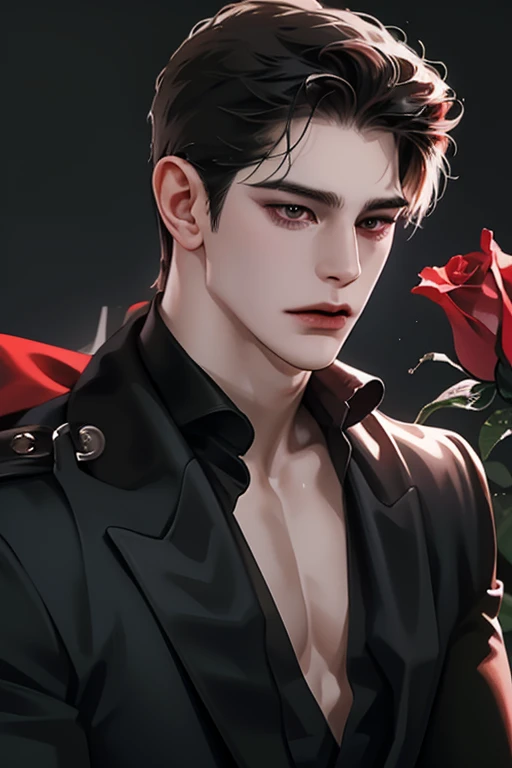 photography of a sexy man, a solo man, (((man))), ((masculine face)), 20 years old, vampire, bad boy, handsome, realistic, (red eyes), expressive look, black hair, rose pale lips, (((dark background))), (((city backgtound))), shine hair, angular jaw,broad shoulders, tall, muscular, strong, shaven, super detailed face, perfect body, perfect shapes, realistic image, award winning photography, 8k, (((perfect shiny eyes))), in a garden