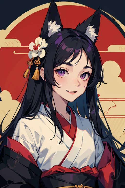 masterpiece, best quality, young japanese man posing for a portrait, 1boy, male focus, solo, kitsune, fangs, pale skin, violet eyes, tsurime, hime cut, straight hair, black hair, long hair, kemonomimi, animal ears, black fox ears, japanese clothes, kimono, upper body, looking at viewer, edo period, feminine face, feminine body, flat chest, mischievous, smile