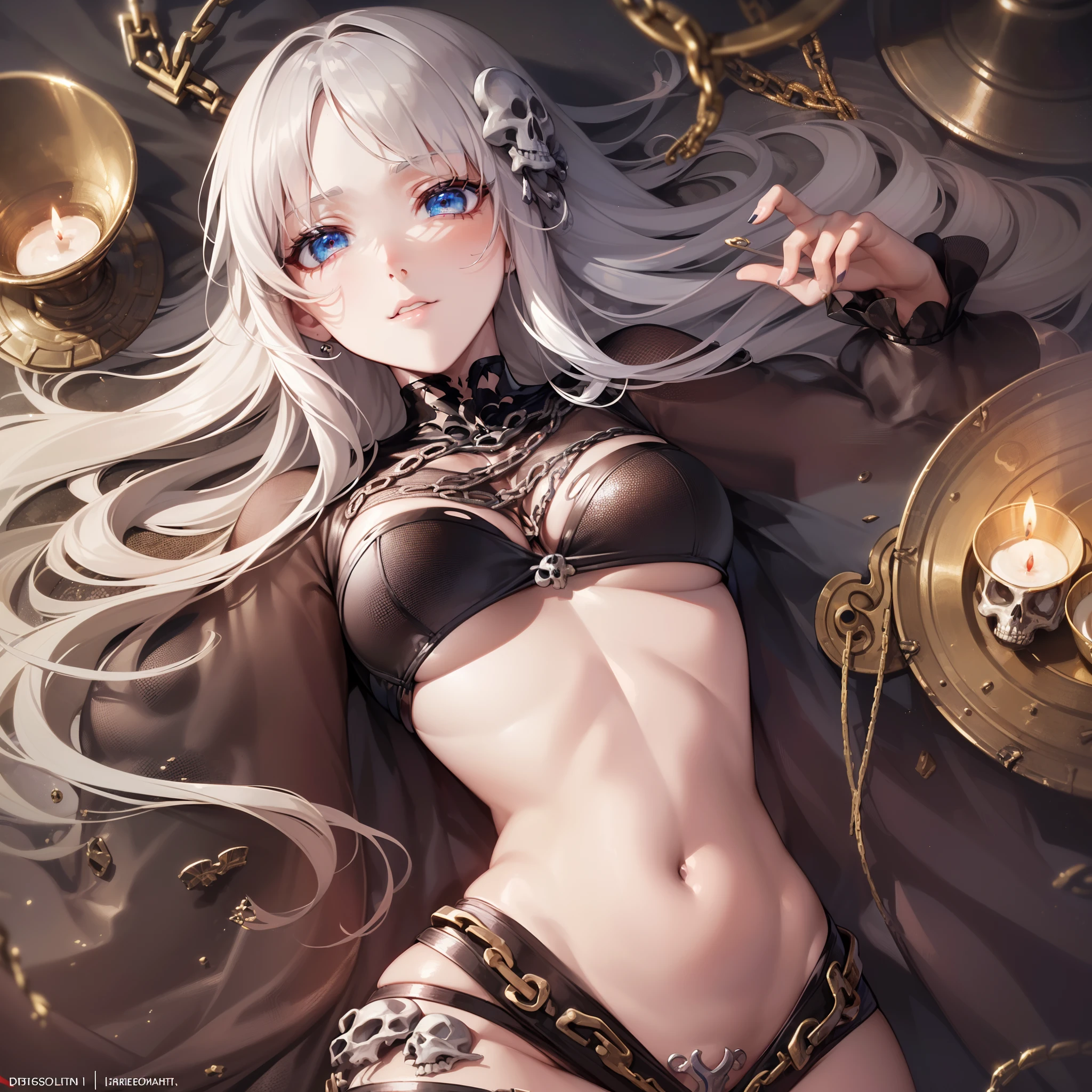 ((top-quality)), ((masutepiece)), (ultra-detailliert:1.4),(32k images),(ultra high detailed),Best Anime,sharpness,The best wallpapers,Phenomenal depiction,the golden ratio,( (Perfect anatomy without destruction),(Beautiful eyes with detailed and detailed details,Lustrous eyes),(Lustrous hair:1.1,),(Beautiful face with dense and detailed details),(Beautiful skin with dense and detailed details),(deadpan:1.2),Slim body,Slim belly, slaves:1.6,chains:1.1,Torn clothing:1.7,gargantilha:1.1,skull,candle,Dungeon:1.8,