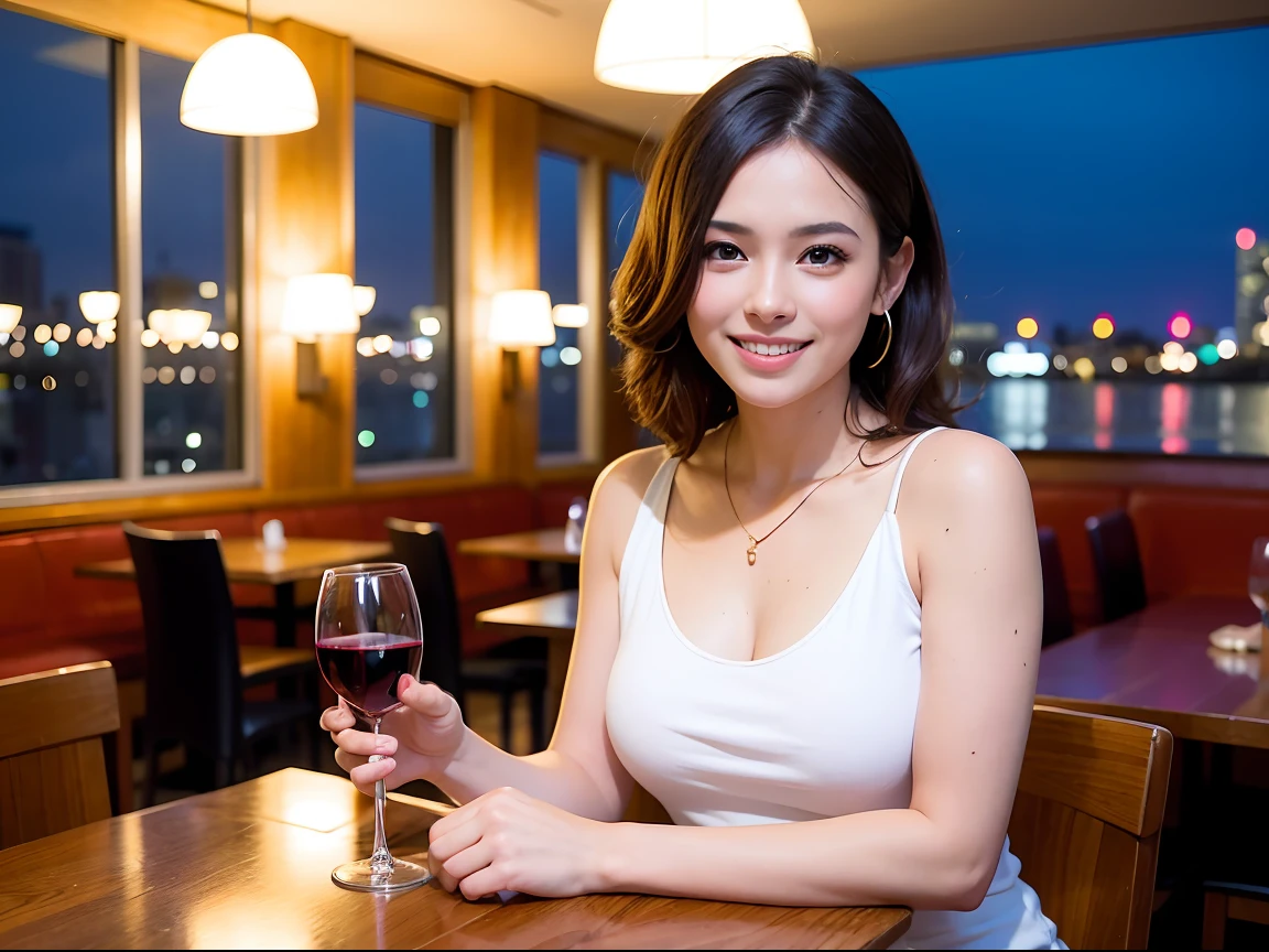 (64K, UHD, top quality, masterpiece: 1.2), (realistic, photorealistic: 1.37), super detailed, pretty woman 1 person, (slim face), (slim body), (brown hair), (short cut), cheeks slightly blushing, (42 years old), 38 years old, solo, beautiful detailed urban night view outside the window, restaurant, wine glasses sit, night, in a prominent place (from the waist up) NovaFrogStyle, Actress, Model, Waist Up, White Wine, Slim, Wine Glass, Super Clean Night View, Wine Glass Put in the Middle, Happy Smile, (Smile: 1.15), Beautiful Fine Eyes, Upper Body, Bust Japan Up, Night, Short, Short, Actress, Model, Waist Up, White Wine, Slim, Wine Glass, Super Clean Night View, Wine Glass Put in the Middle, Happy Smile,