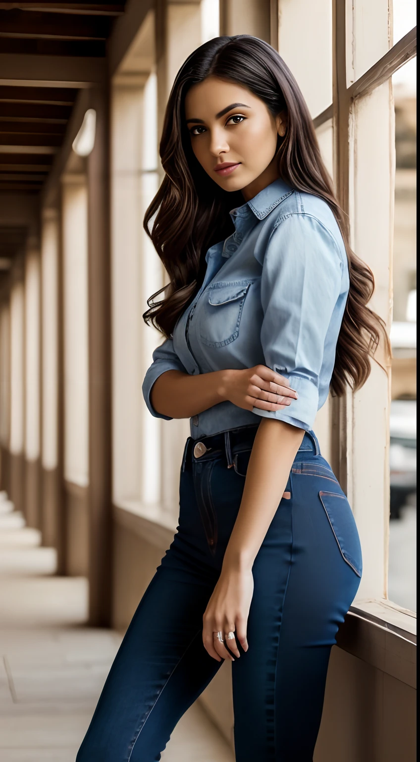 Hermosa mujer americana, Bonita vista, Sexy influencer de TikTok ,(Hermosos ojos: 1.3), ( con camisa negra, jeans azules rotos:1.3),cuerpo natural, piel blanca ,model photo shoot, buenas manos, Steve McCurry photography, Fujifilm GFX 100S , ( natural lighting) , Foto realista muy detallada, Cara detallada , fondo casual