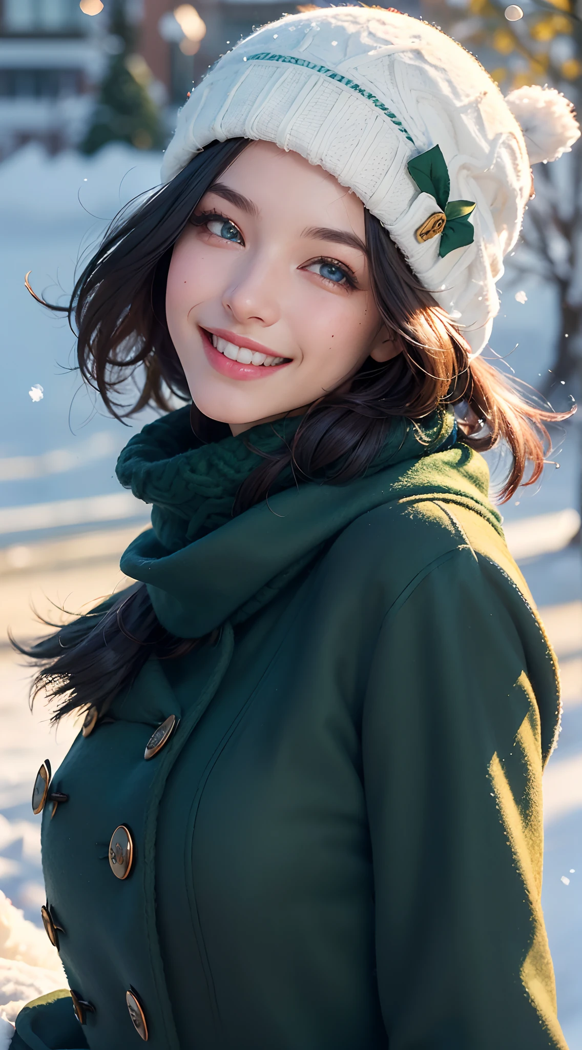 (best quality, 4k, 8k, high-res, masterpiece:1.2), ultra-detailed, (realistic, photorealistic, photo-realistic:1.37), (beautiful detailed eyes, beautiful detailed lips, extremely detailed eyes and face:1.5), studio lighting, physically-based rendering, vivid colors, (big tits, super big tits, super extra big tits), (green wool coat, hats, gloves, scarf:1.5), (smile and laugh:1.5), (bob cut, hair blowing in the wind, shiny hair, shiny skin), (snowy, blurred background:1.37), (tilt your head to the side:1.5),
