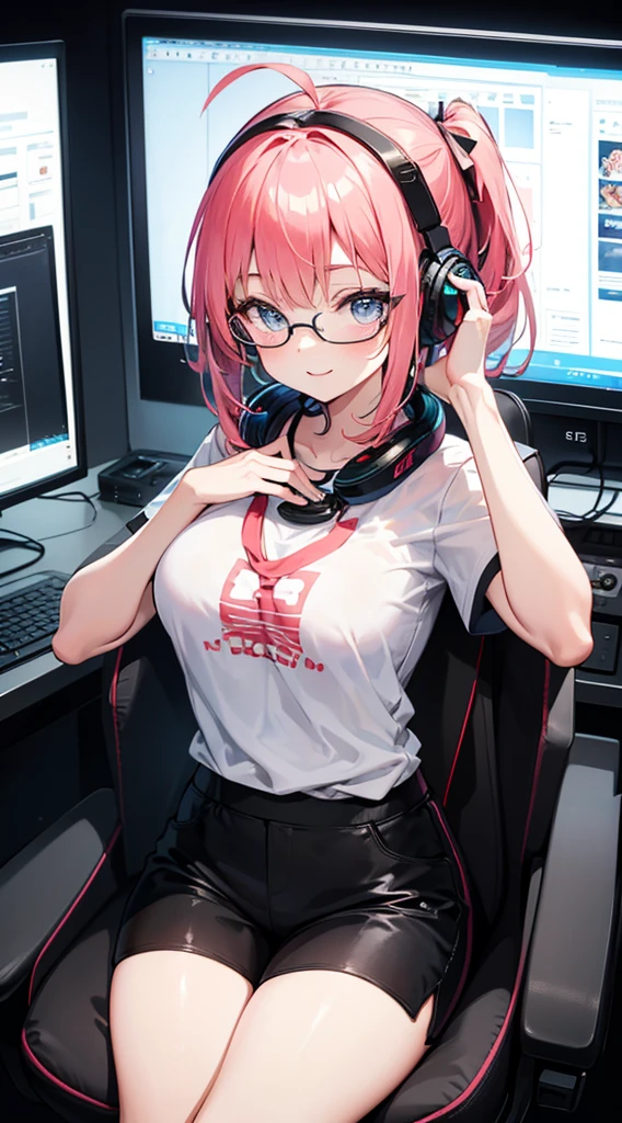 ((Ultra-detailed)), (top-quality),((masutepiece)), ((Super exciting)), ((8K)), ((extremely clear)), ((Very sophisticated)), ((Photography)), (Anime quality), (2D), japanaese girl, a baby face, Pink hair, Short ponytail, Hair Ribbon, Ahoge, drooping eyes, Blue eyes, Clear eyes, long eyelashes, Thin eyebrows, Beautiful breasts, White short-sleeved logo T-shirt, Black Hot Pants, bare-legged, Large Gaming Monitor Background, Gaming Chair, Are sleeping, up chest, Smile, closes mouth, Emphasis on the face, Black Frameless Glasses, reclined, Dark room background, View Viewer, A hand on the chest, Headphone on-head, Bright face, Light shines in, front Light, Dynamic Angle, gleaming, natural skin texture,