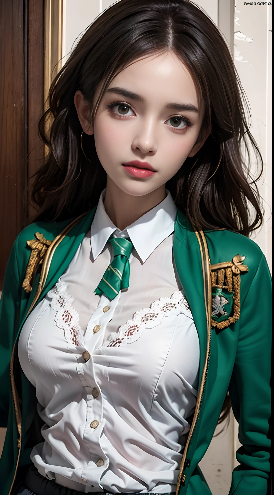 Photorealistic, high resolution, 1womanl, Solo, Hips up, view the viewer, (Detailed face), Hogwarts uniform, hogsks, Slytherin