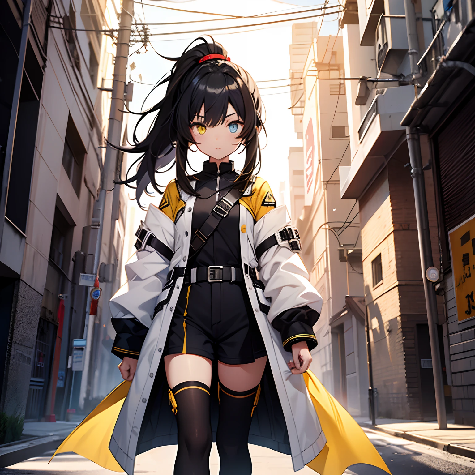 A -year-olrl,Loblack hair dyed white,Heterochromic pupils,blue color eyes,Yellow eyes,White combat uniform,Black shorts,Long-edged ponytail,Over-the-knee socks,Perfect hands,Cute eyes,stand posture