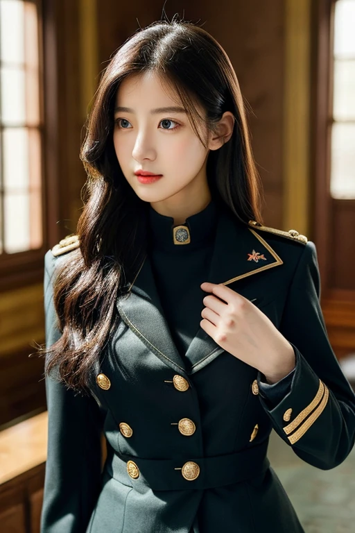 (Top resolution、distinct_image) best qualtiy、femele、beutiful breast、realisticlying、Photoquality、bedroom、bet、lying back on、Black long hair、A dark-haired、bangss、17 age、Black military uniform、army、Small buttons in gold、Black miniskirt、Angle from above、Open chest of outerwear 1:4、The chest is visible