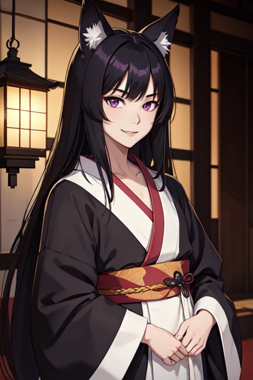 masterpiece, best quality, young japanese man posing for a portrait, 1boy, male focus, solo, kitsune, fangs, pale skin, violet eyes, tsurime, hime cut, straight hair, black hair, long hair, kemonomimi, animal ears, black fox ears, japanese clothes, kimono, upper body, looking at viewer, edo period, feminine face, feminine body, flat chest, mischievous, smile