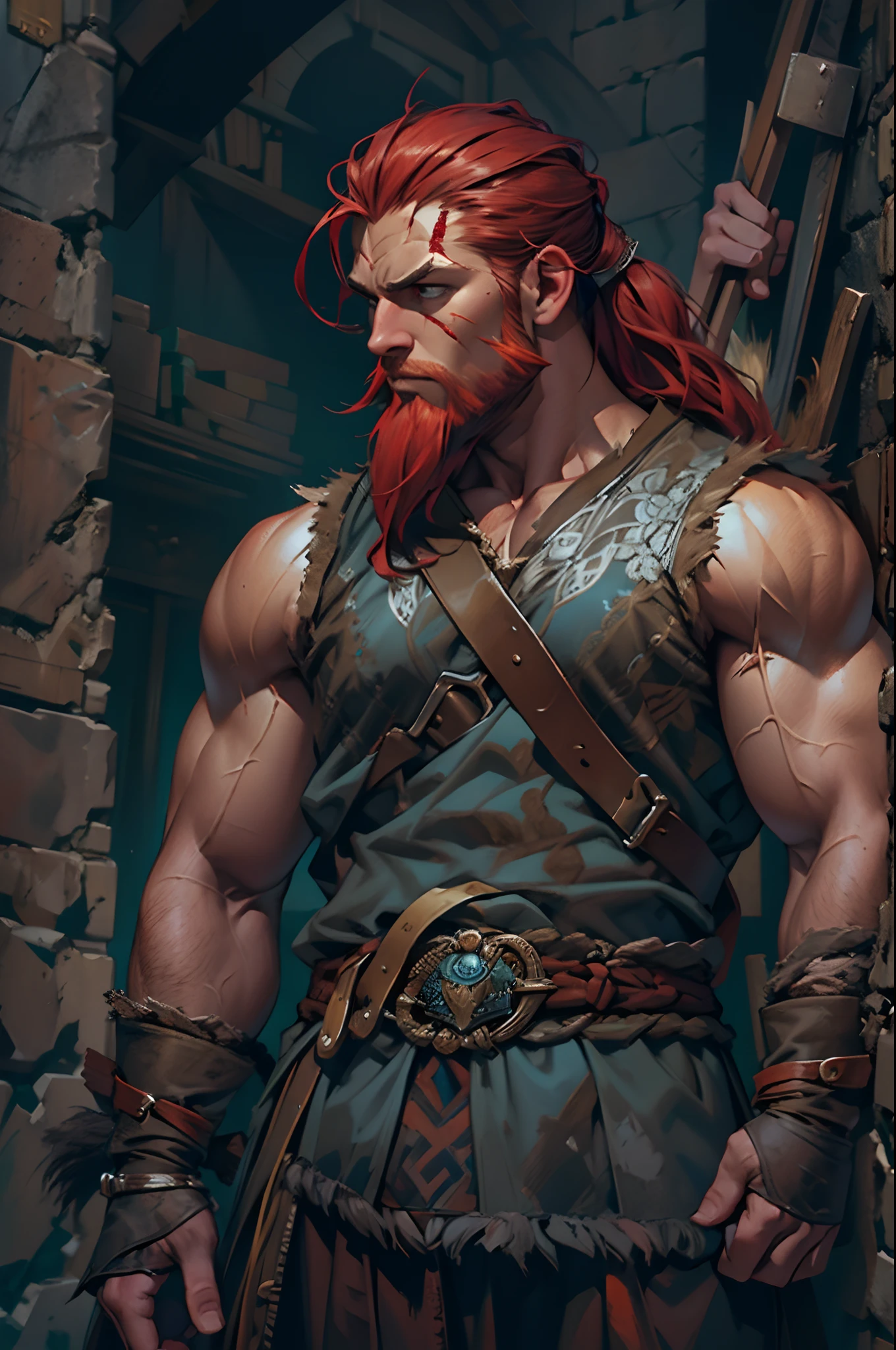 create a dwarf bard barbarian with dark red hair and beard realistic detailed using a maul 3d muscular dark souls in a stage